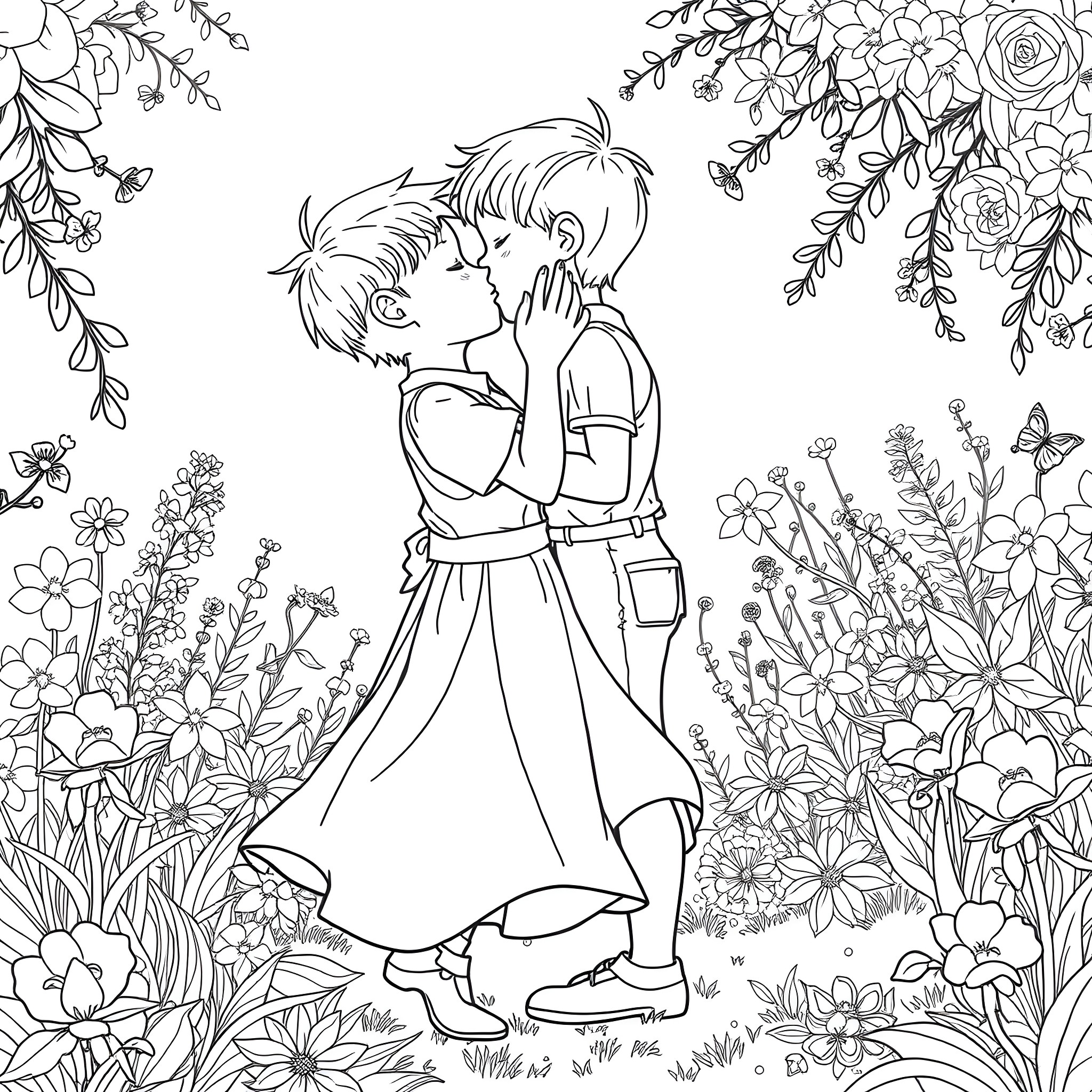 Boy and girl hugging in a floral field Coloring Page (free black-and-white line drawing printable PDF for all, from beginners to advanced learners, including children, teens, adults, and seniors)