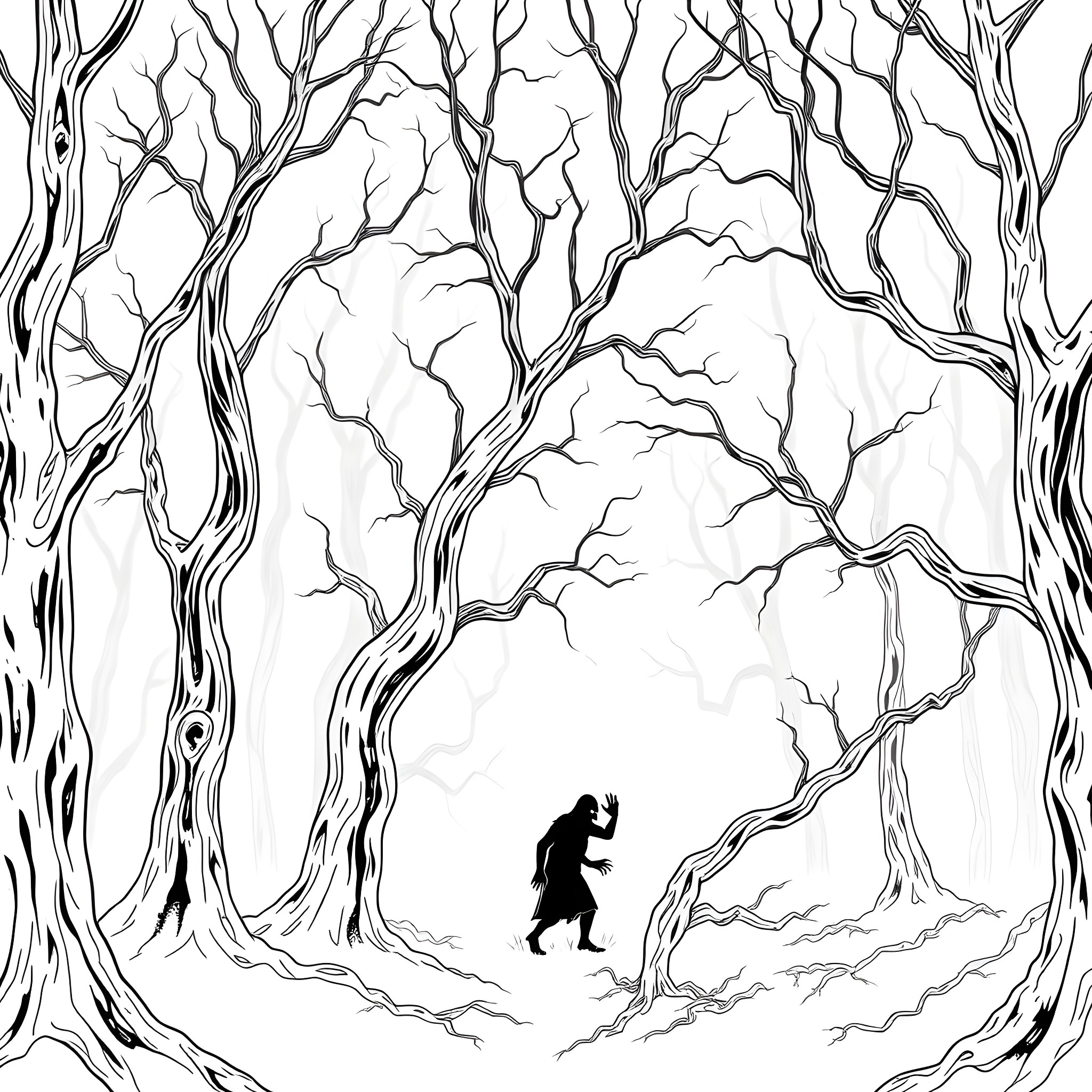 Wendigo stalking through the haunted forest Coloring Page (free black-and-white line drawing printable PDF for all, from beginners to advanced learners, including children, teens, adults, and seniors)