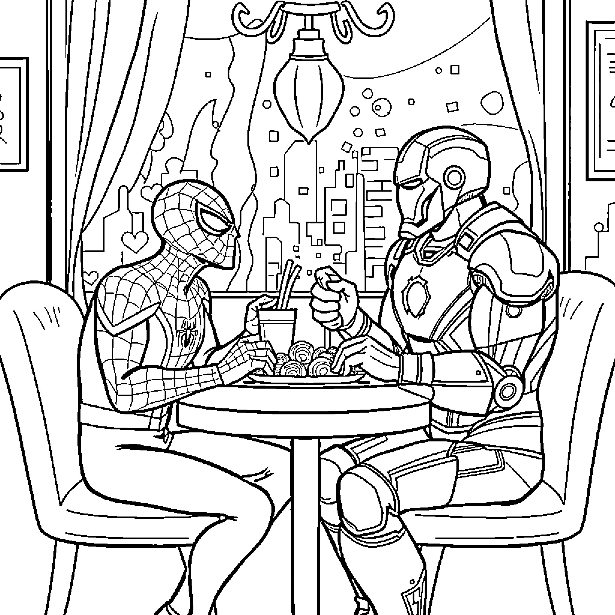 Spiderman and Iron Man enjoying snacks together Coloring Page (free black-and-white line drawing printable PDF for all, from beginners to advanced learners, including children, teens, adults, and seniors)