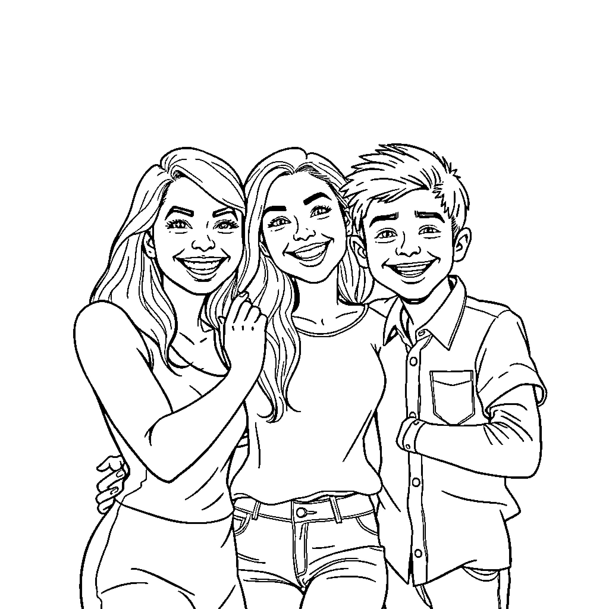 Diana and her happy family portrait Coloring Page (free black-and-white line drawing printable PDF for all, from beginners to advanced learners, including children, teens, adults, and seniors)