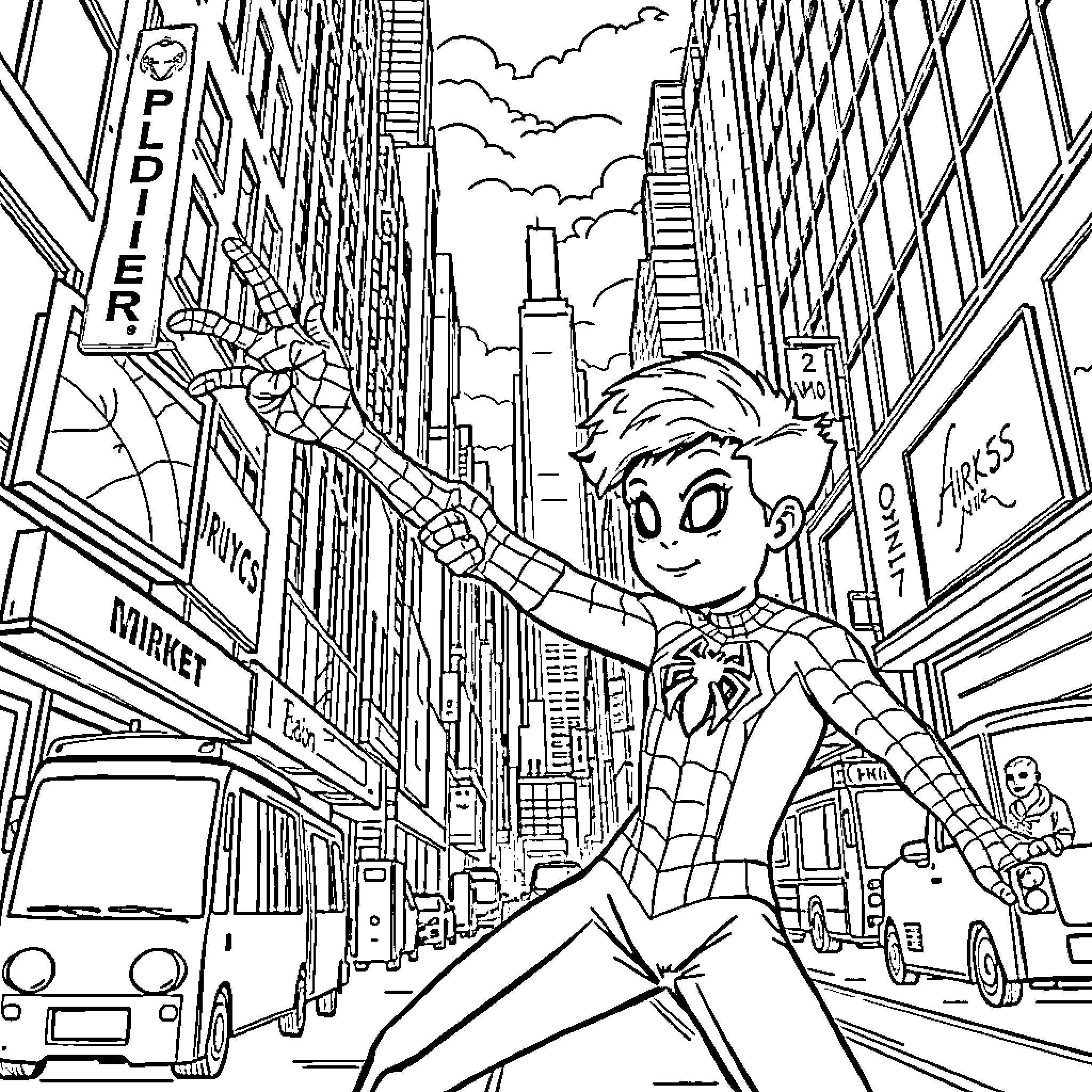 Spiderman swinging through the city streets Coloring Page (free black-and-white line drawing printable PDF for all, from beginners to advanced learners, including children, teens, adults, and seniors)