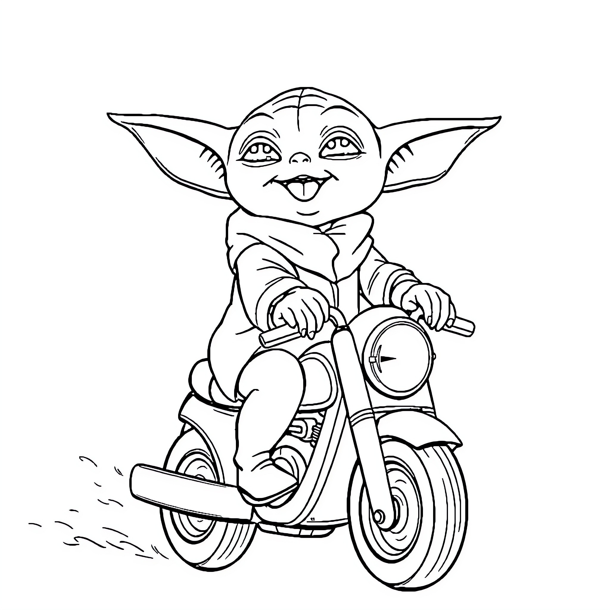 Baby Yoda riding a motorcycle happily Coloring Page (free black-and-white line drawing printable PDF for all, from beginners to advanced learners, including children, teens, adults, and seniors)