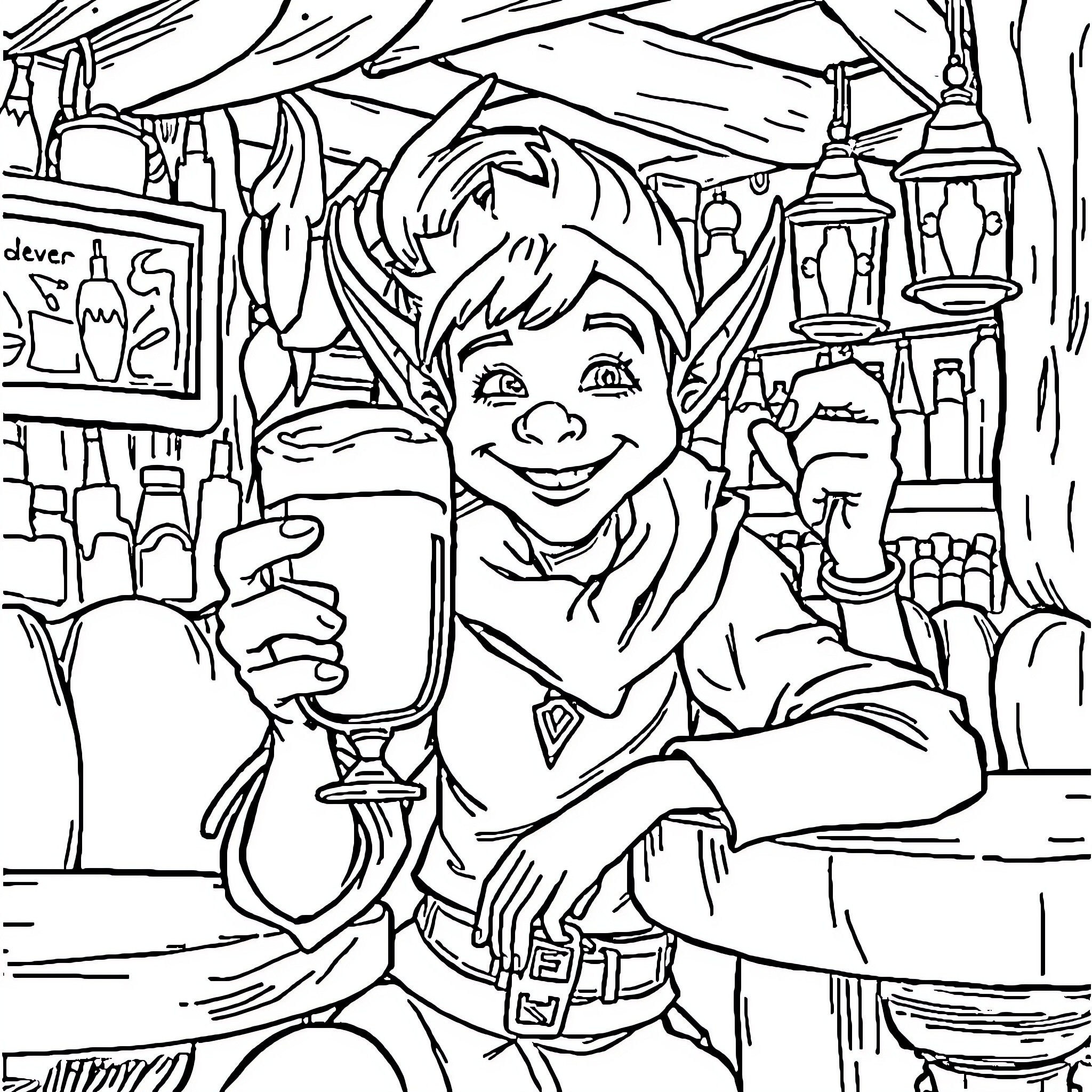 Elfe exploring a magical shop with curiosity Coloring Page (free black-and-white line drawing printable PDF for all, from beginners to advanced learners, including children, teens, adults, and seniors)