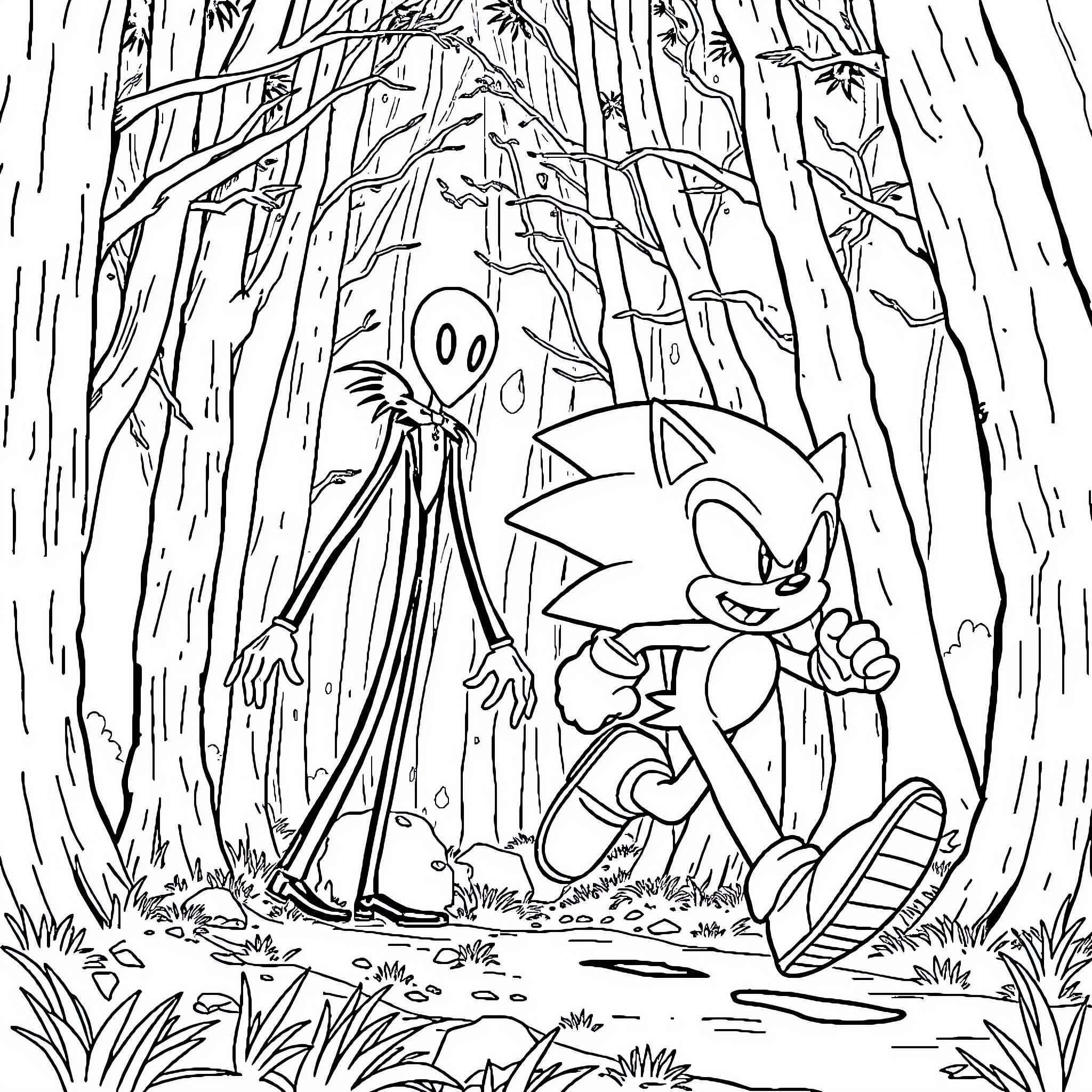 Sonic and Jack Skellington in the Enchanted Forest Coloring Page (free black-and-white line drawing printable PDF for all, from beginners to advanced learners, including children, teens, adults, and seniors)