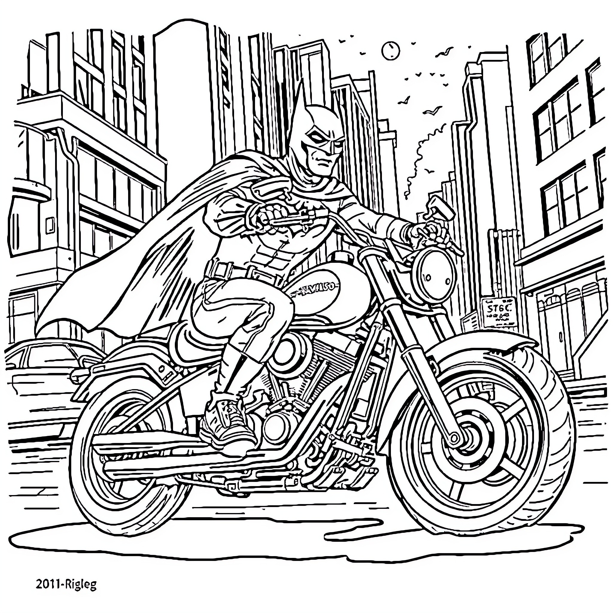 Batman speeding through the city on his motorcycle Coloring Page (free black-and-white line drawing printable PDF for all, from beginners to advanced learners, including children, teens, adults, and seniors)