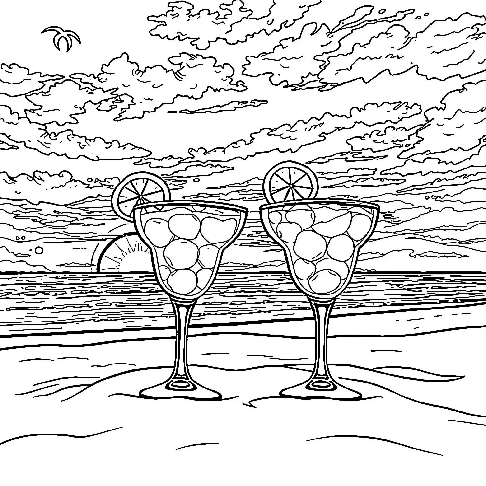 Margarita drinks on the beach Coloring Page (free black-and-white line drawing printable PDF for all, from beginners to advanced learners, including children, teens, adults, and seniors)