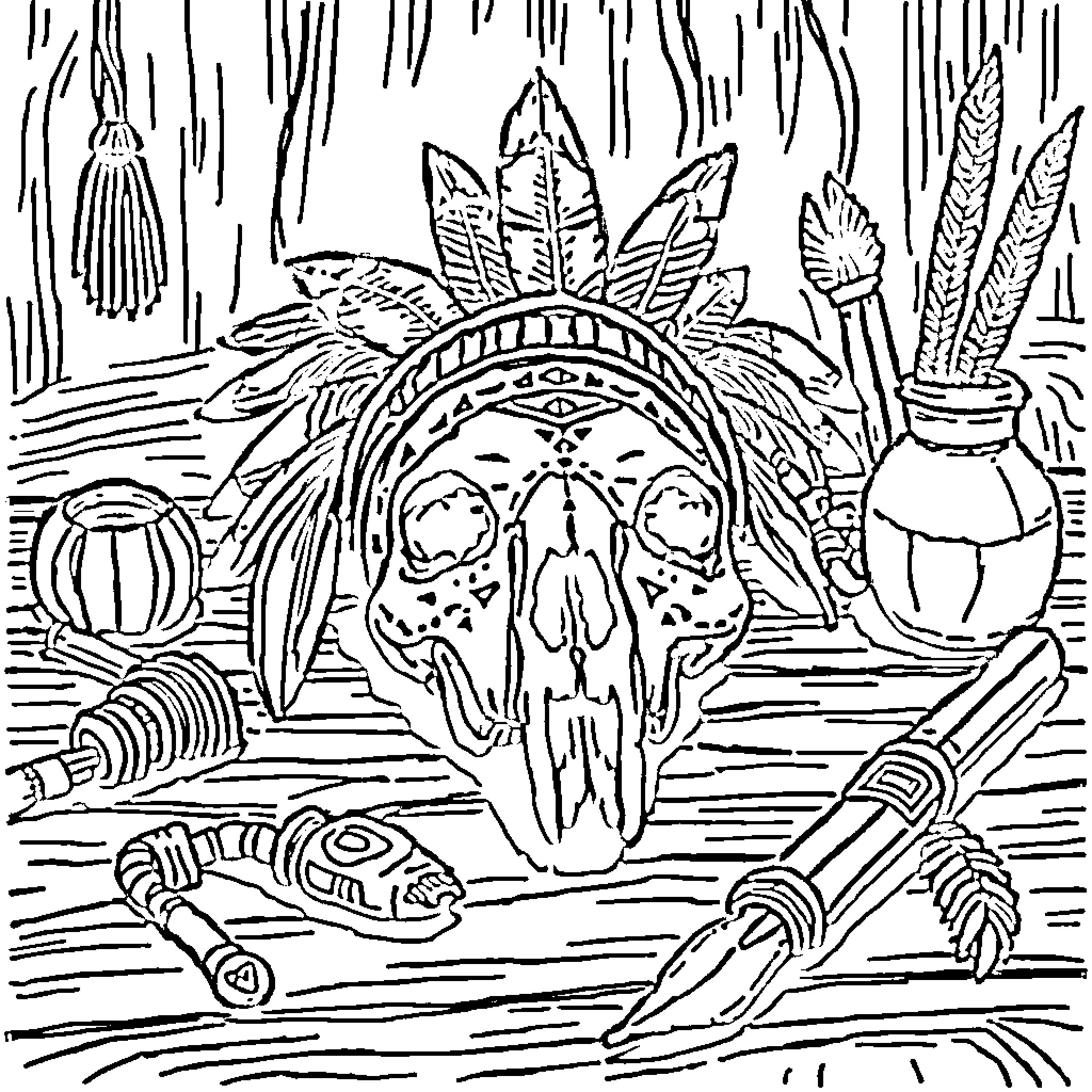 Skull of mystical artifacts and tribal symbols Coloring Page (free black-and-white line drawing printable PDF for all, from beginners to advanced learners, including children, teens, adults, and seniors)