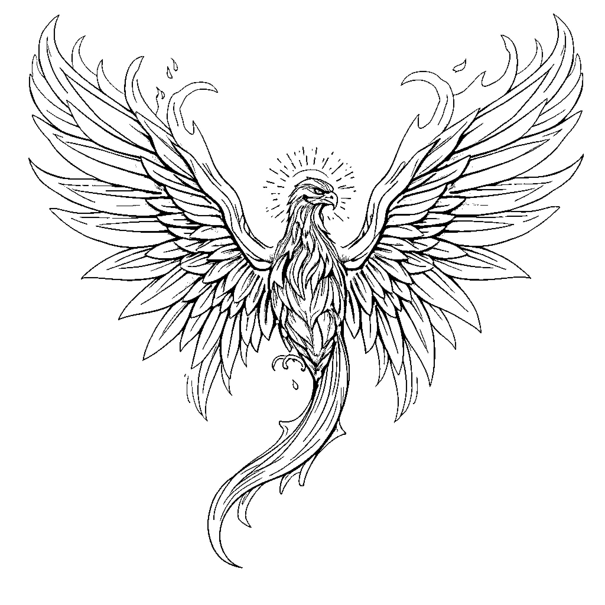 Wings of Radiant Phoenix in Flight Coloring Page (free black-and-white line drawing printable PDF for all, from beginners to advanced learners, including children, teens, adults, and seniors)