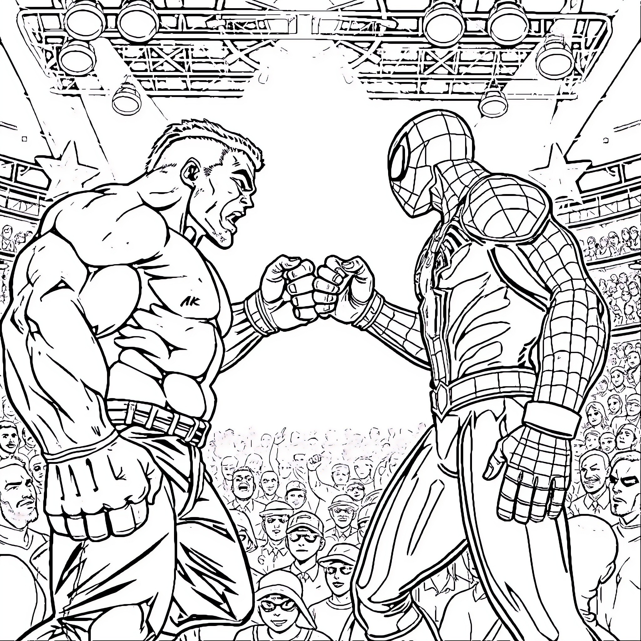 Hulk and Spider-Man Showdown in Epic Arena Battle Coloring Page (free black-and-white line drawing printable PDF for all, from beginners to advanced learners, including children, teens, adults, and seniors)