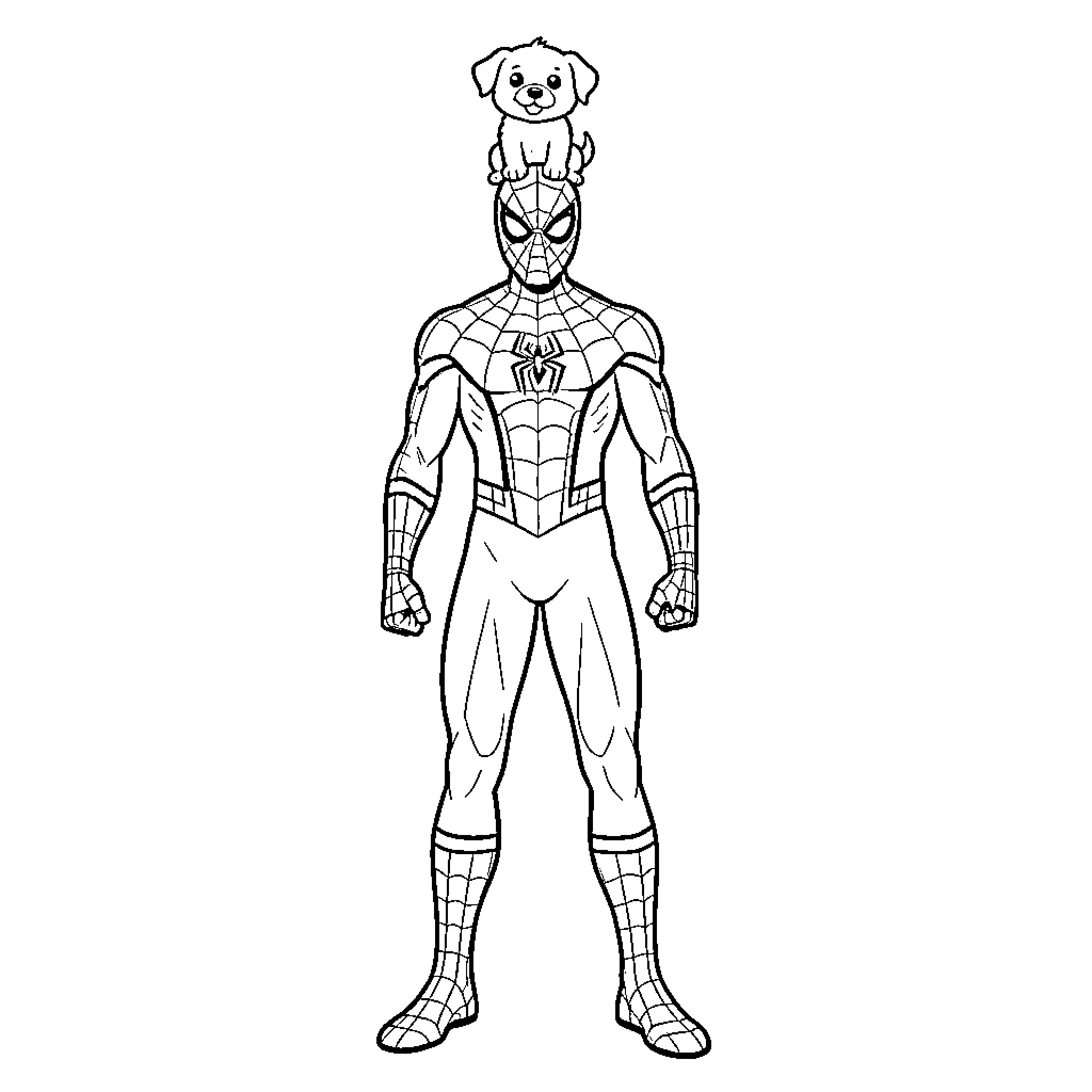 Spider-Man standing heroically with a small puppy on his head Coloring Page (free black-and-white line drawing printable PDF for all, from beginners to advanced learners, including children, teens, adults, and seniors)