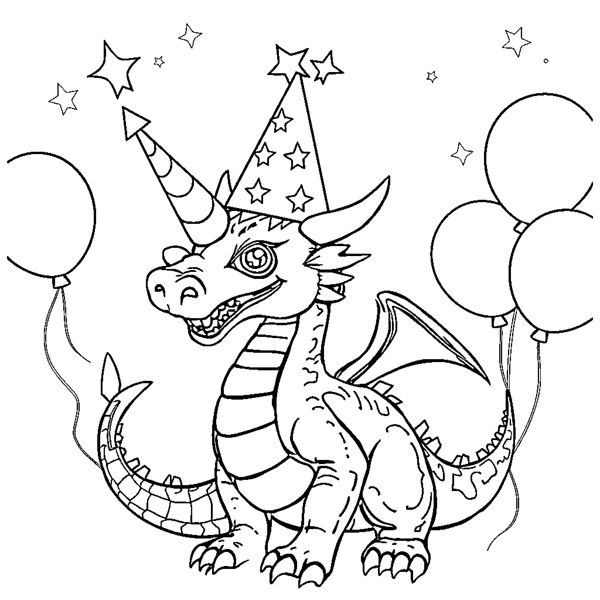 Dragon with party hats and balloons Coloring Page (free black-and-white line drawing printable PDF for all, from beginners to advanced learners, including children, teens, adults, and seniors)