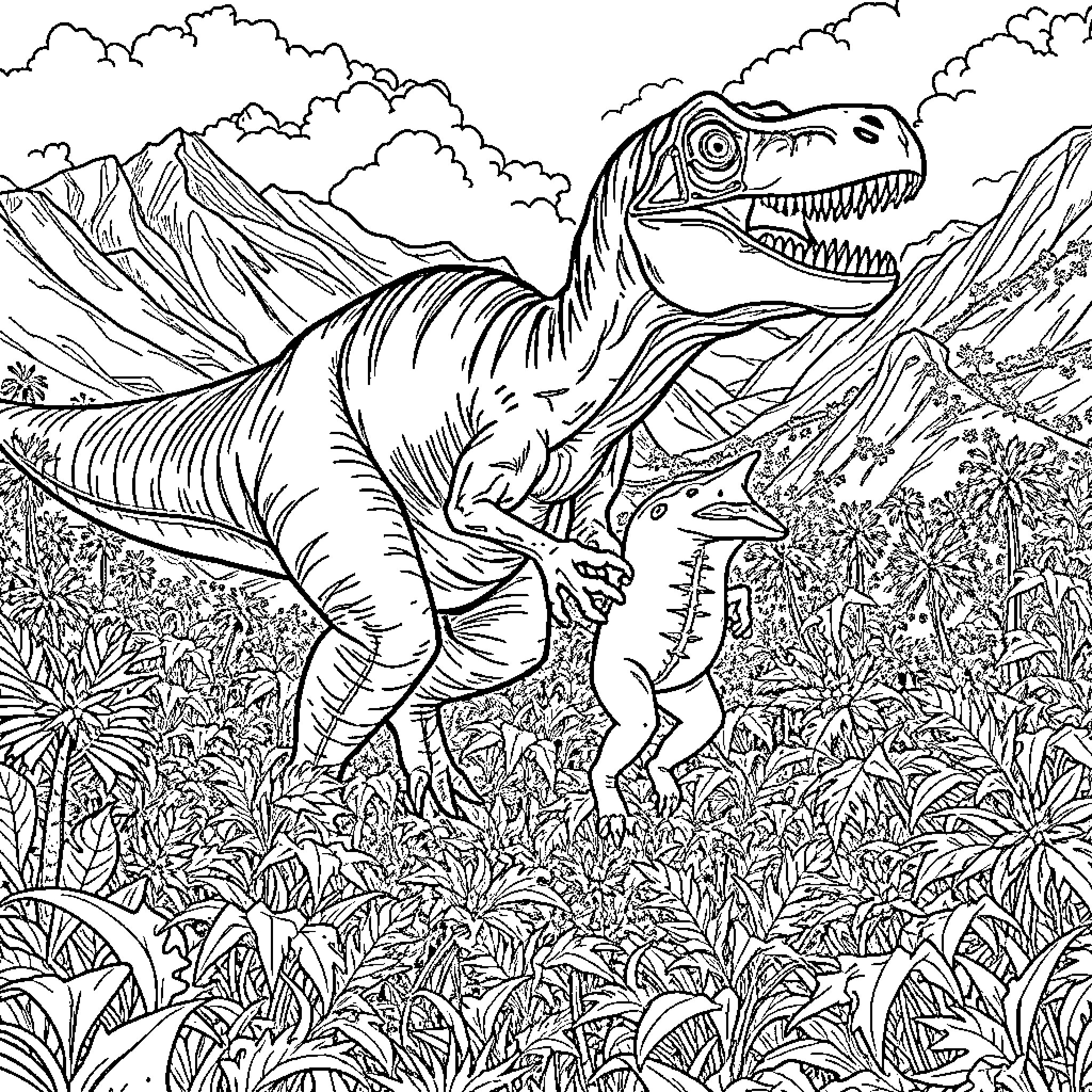 Argentinosaur exploring the prehistoric landscape Coloring Page (free black-and-white line drawing printable PDF for all, from beginners to advanced learners, including children, teens, adults, and seniors)