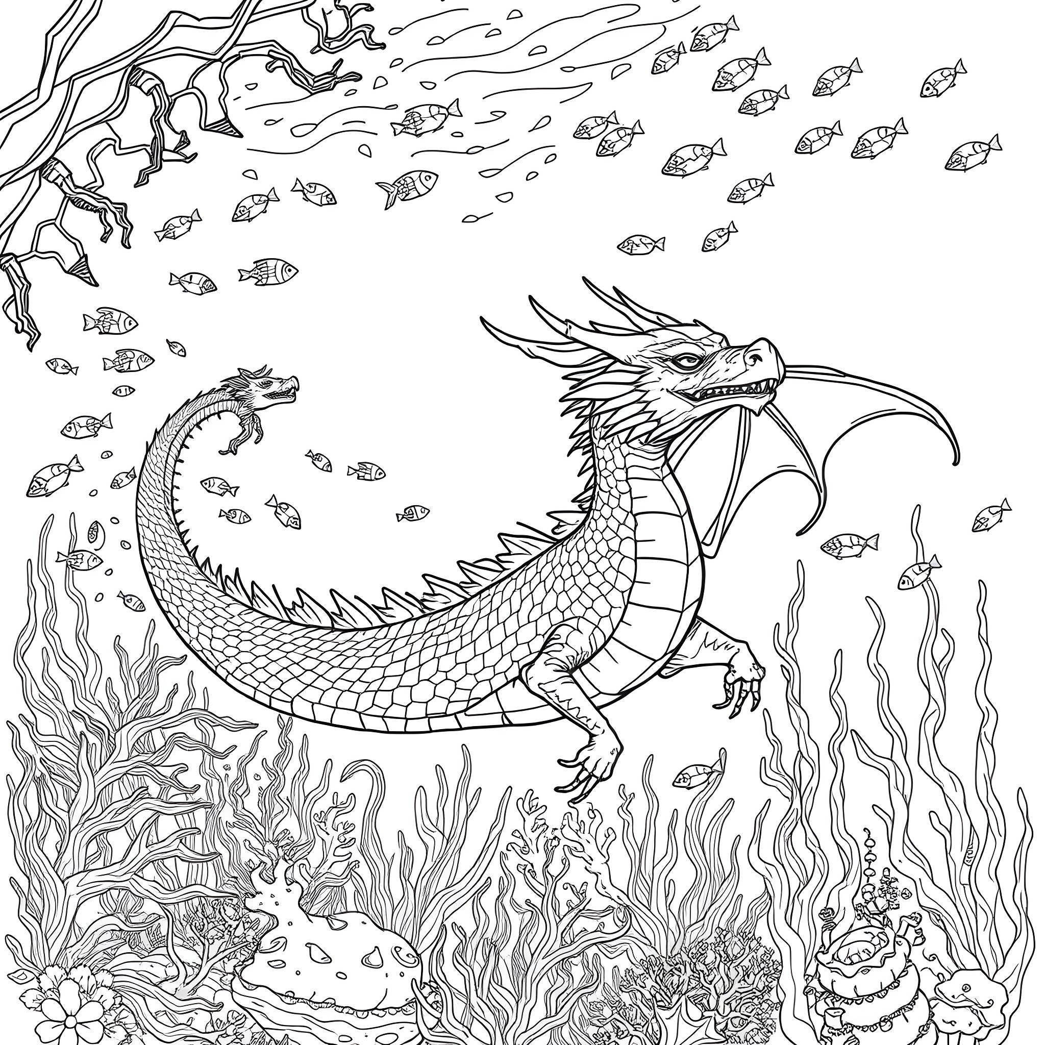 Dragon exploring the underwater world Coloring Page (free black-and-white line drawing printable PDF for all, from beginners to advanced learners, including children, teens, adults, and seniors)