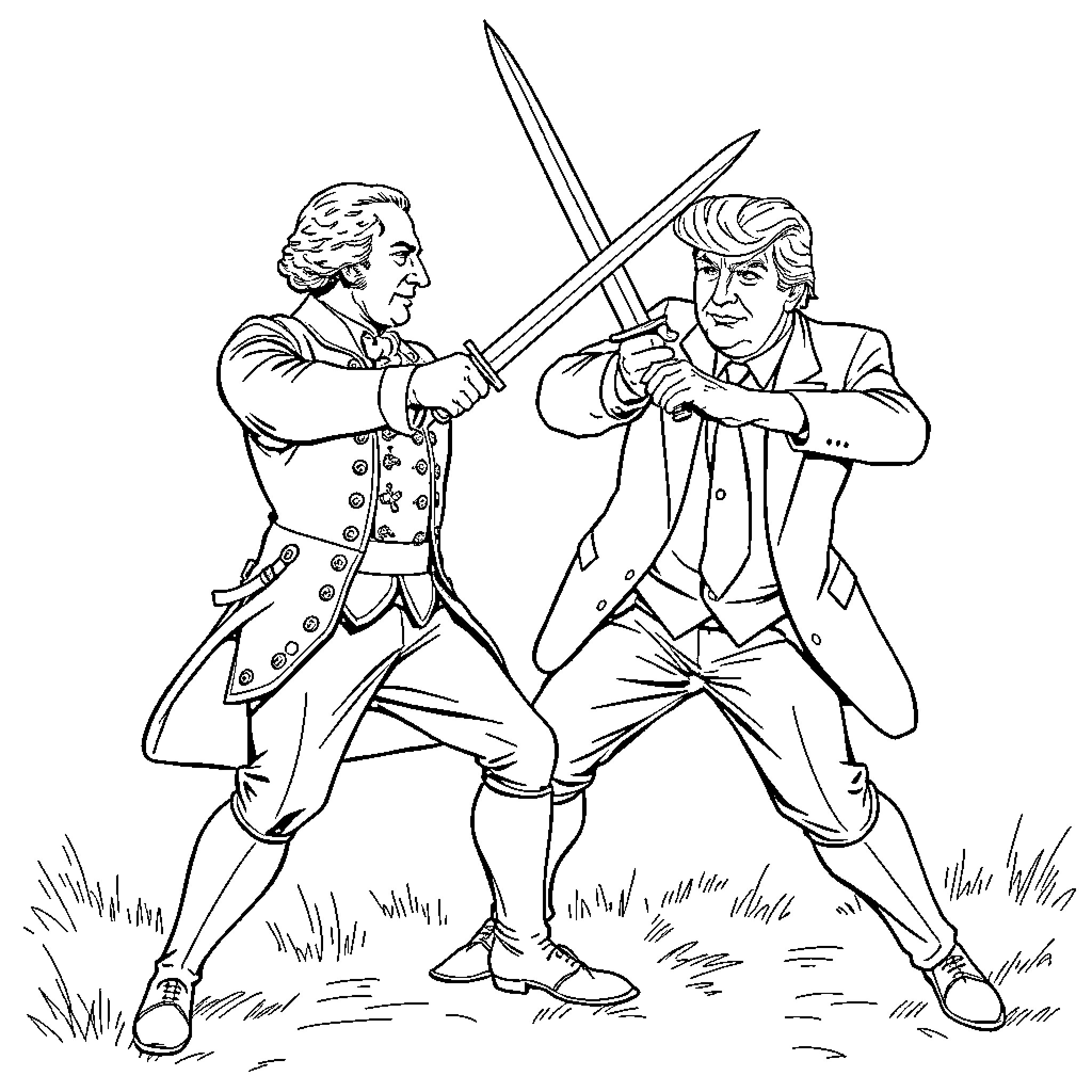 George Washington and a Rival Swordfighting in Historical Attire Coloring Page (free black-and-white line drawing printable PDF for all, from beginners to advanced learners, including children, teens, adults, and seniors)