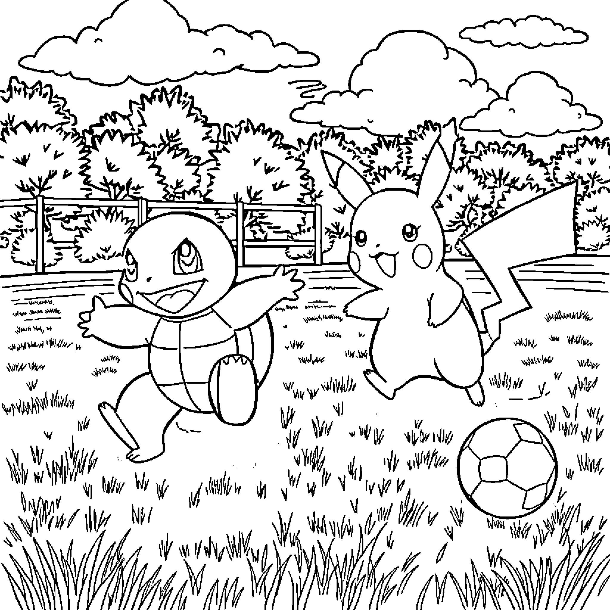 Squirtle and Pikachu playing in the park Coloring Page (free black-and-white line drawing printable PDF for all, from beginners to advanced learners, including children, teens, adults, and seniors)