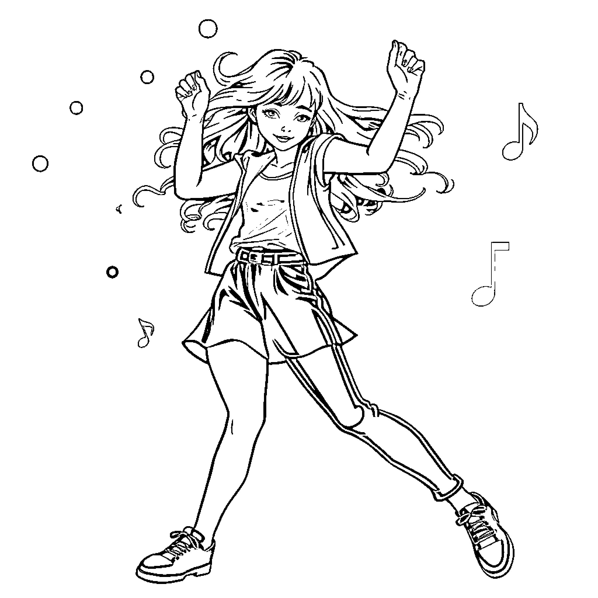 K Pop Idol Joyfully Dancing to Music Coloring Page (free black-and-white line drawing printable PDF for all, from beginners to advanced learners, including children, teens, adults, and seniors)