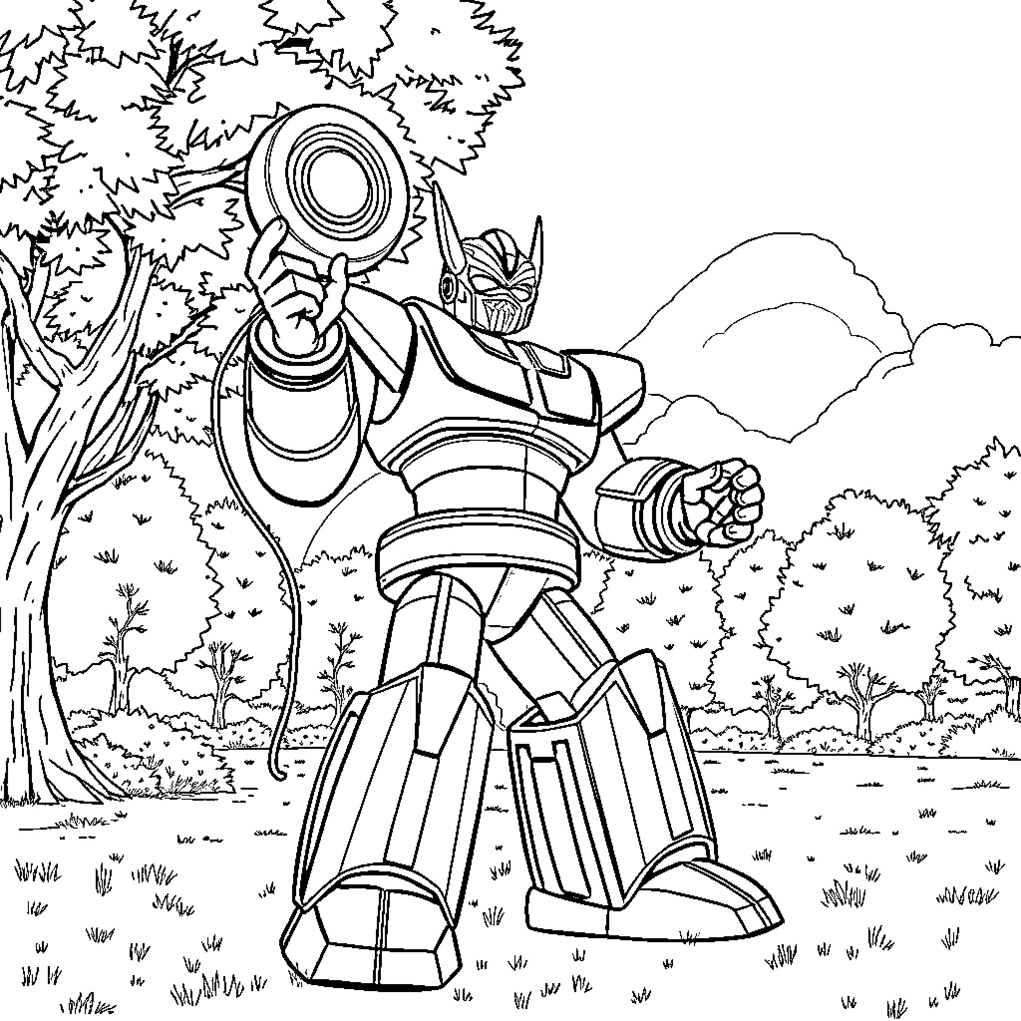 Mazinger Robot in Heroic Pose in Serene Forest Coloring Page (free black-and-white line drawing printable PDF for all, from beginners to advanced learners, including children, teens, adults, and seniors)