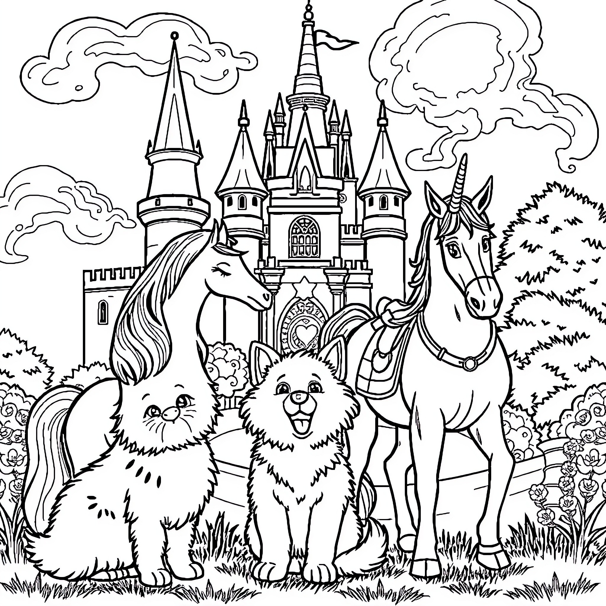 Cat, dogs, and horse in a fantasy castle scene Coloring Page (free black-and-white line drawing printable PDF for all, from beginners to advanced learners, including children, teens, adults, and seniors)