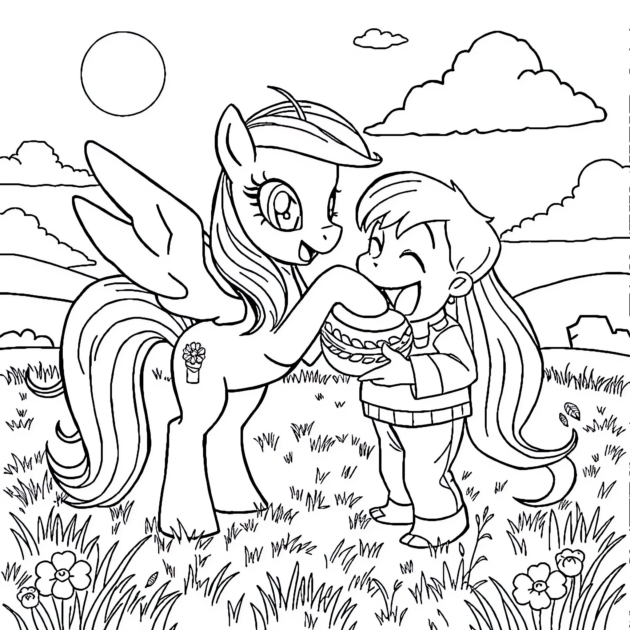 Rainbow Dash sharing a tender moment with a young pony Coloring Page (free black-and-white line drawing printable PDF for all, from beginners to advanced learners, including children, teens, adults, and seniors)
