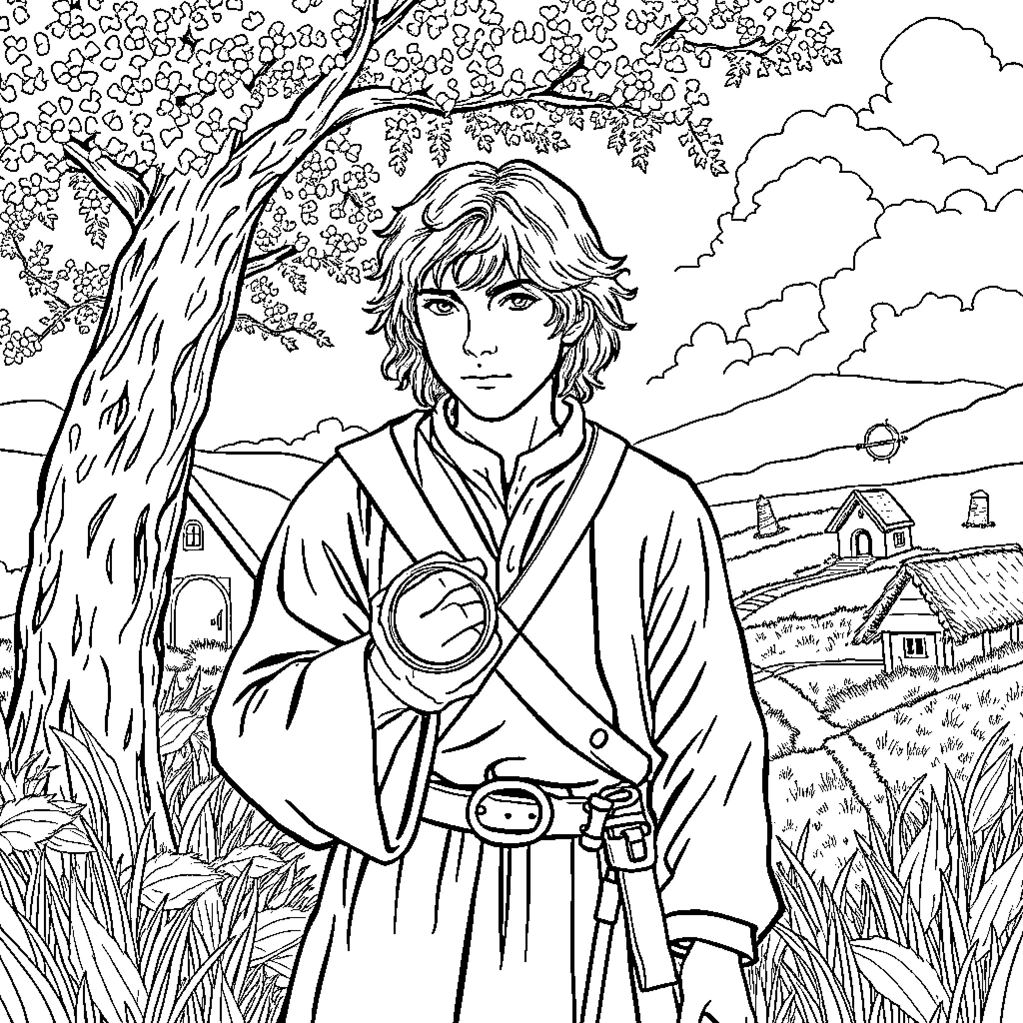 Frodo's Adventurous Journey Through the Enchanted Landscape Coloring Page (free black-and-white line drawing printable PDF for all, from beginners to advanced learners, including children, teens, adults, and seniors)