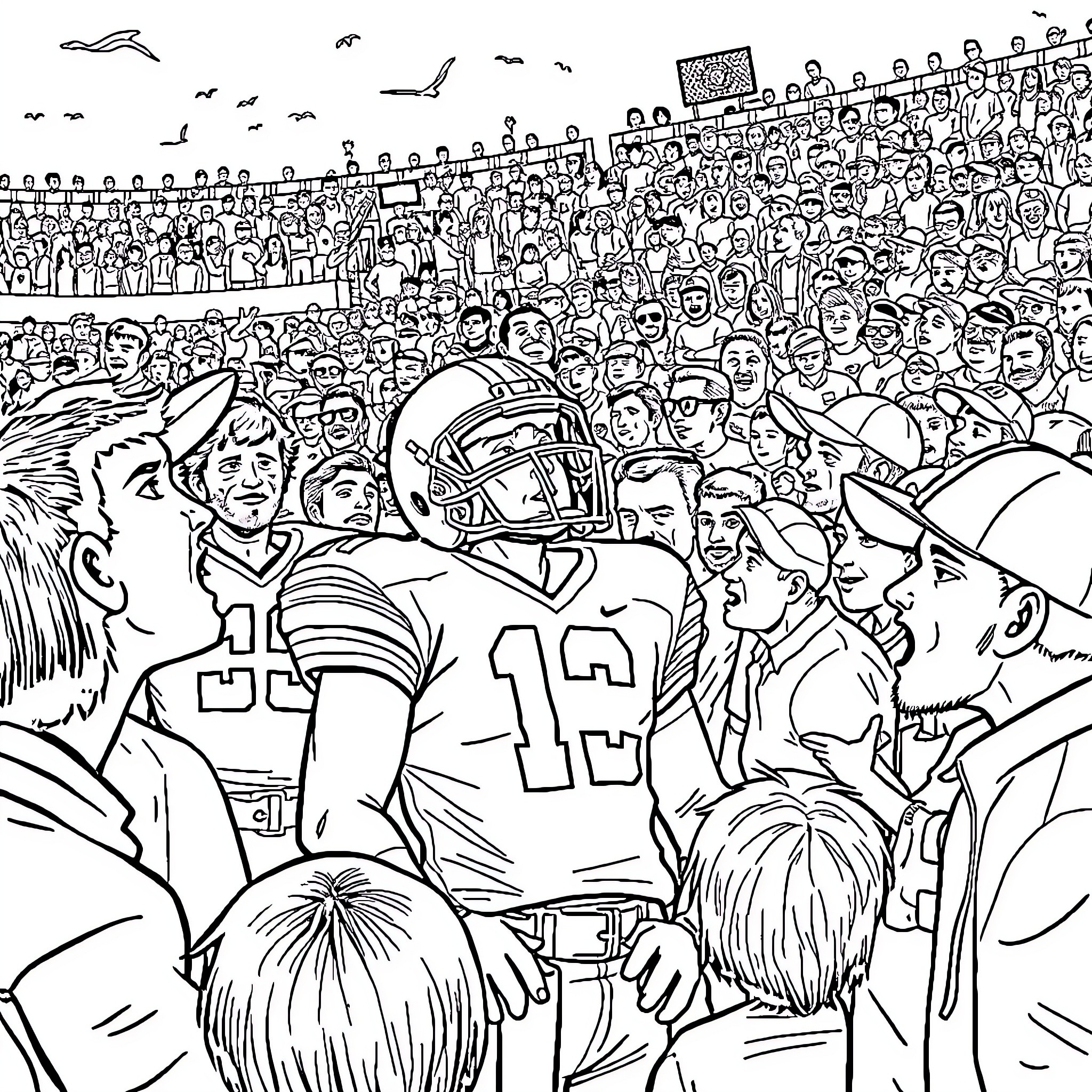 Ohio State College Football Game in the Stadium Coloring Page (free black-and-white line drawing printable PDF for all, from beginners to advanced learners, including children, teens, adults, and seniors)