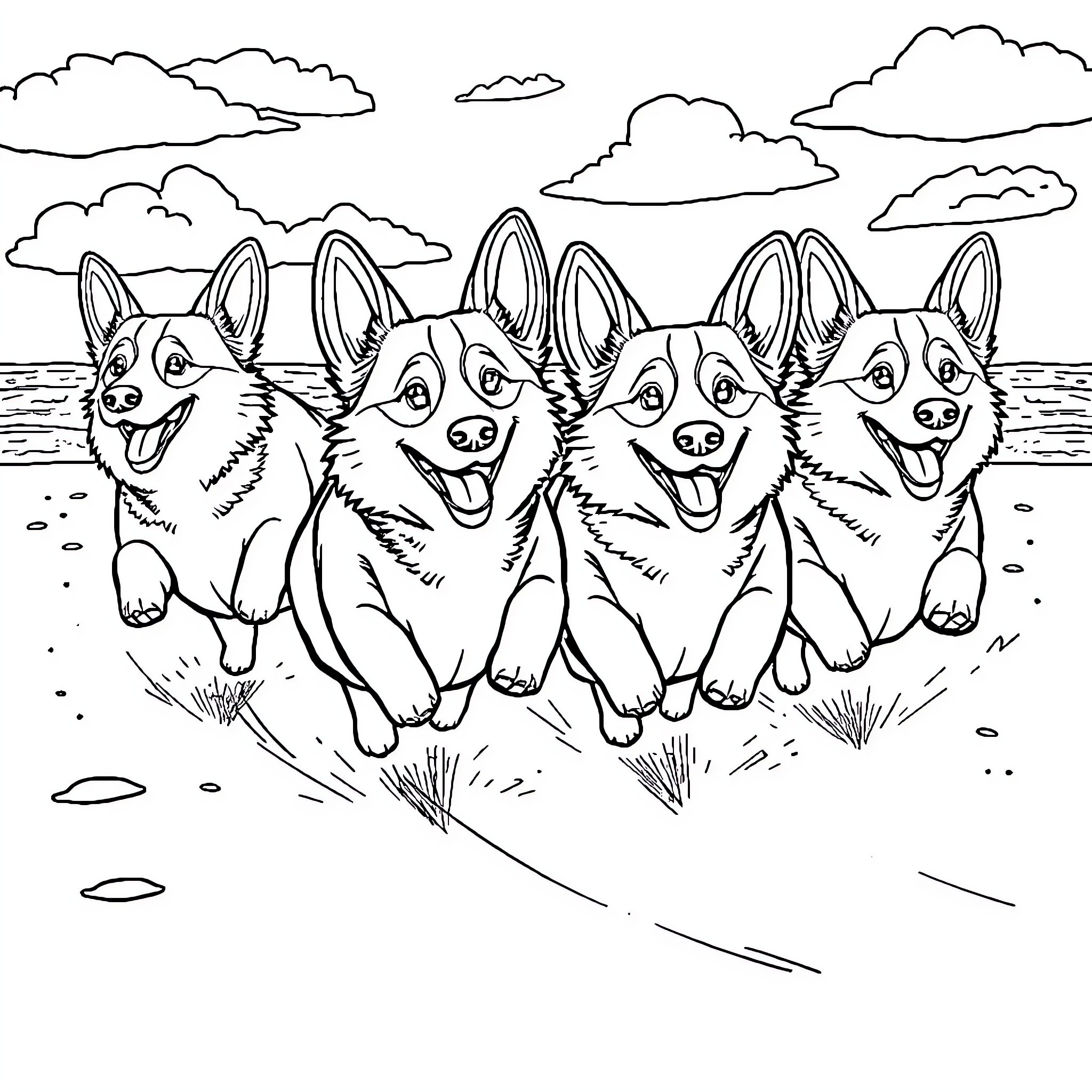 Corgi pack playing happily outdoors Coloring Page (free black-and-white line drawing printable PDF for all, from beginners to advanced learners, including children, teens, adults, and seniors)