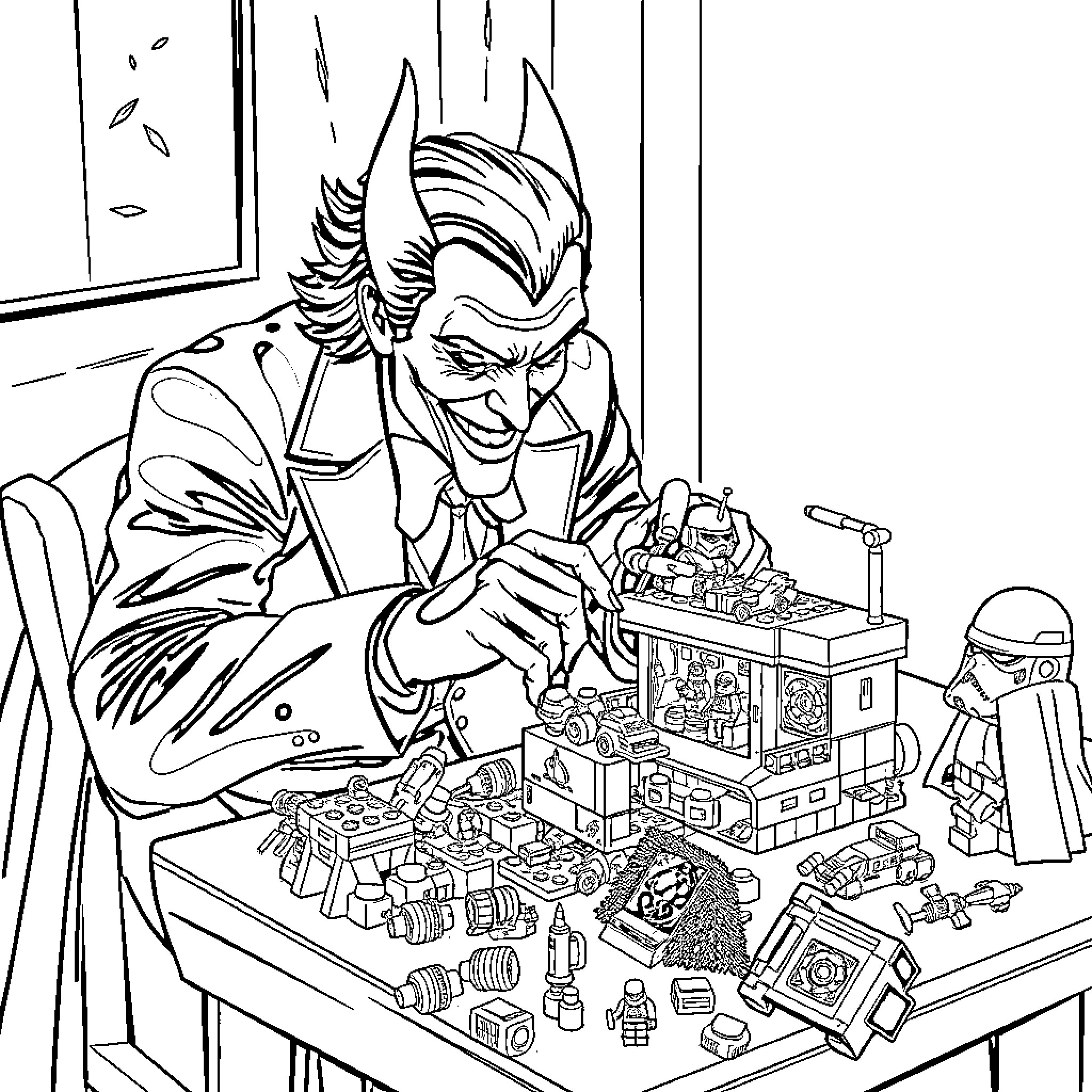 Joker's Mischievous Tinkering with Toys Coloring Page (free black-and-white line drawing printable PDF for all, from beginners to advanced learners, including children, teens, adults, and seniors)