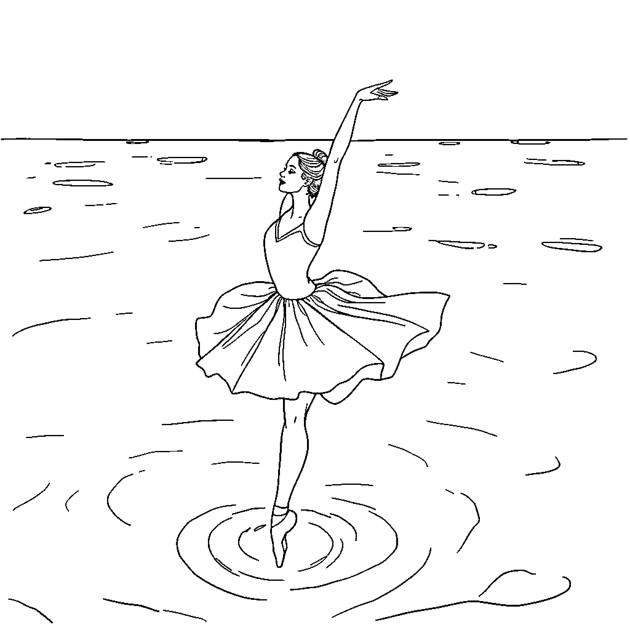 Ballerina gracefully performing on stage Coloring Page (free black-and-white line drawing printable PDF for all, from beginners to advanced learners, including children, teens, adults, and seniors)