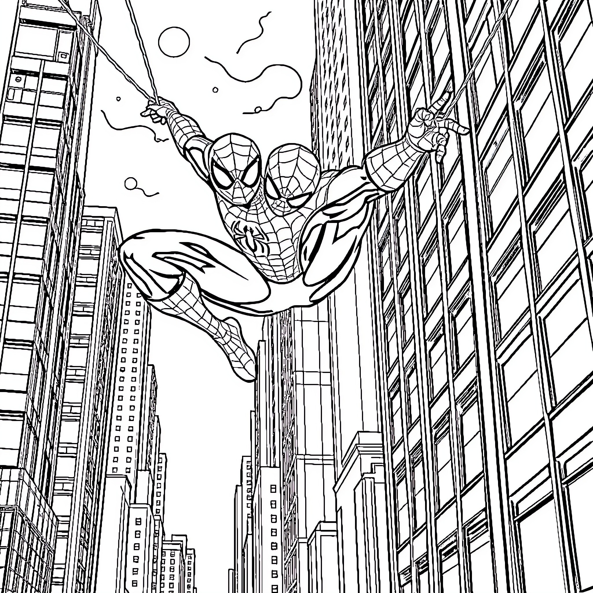 Spider-Man swinging through the city Coloring Page (free black-and-white line drawing printable PDF for all, from beginners to advanced learners, including children, teens, adults, and seniors)