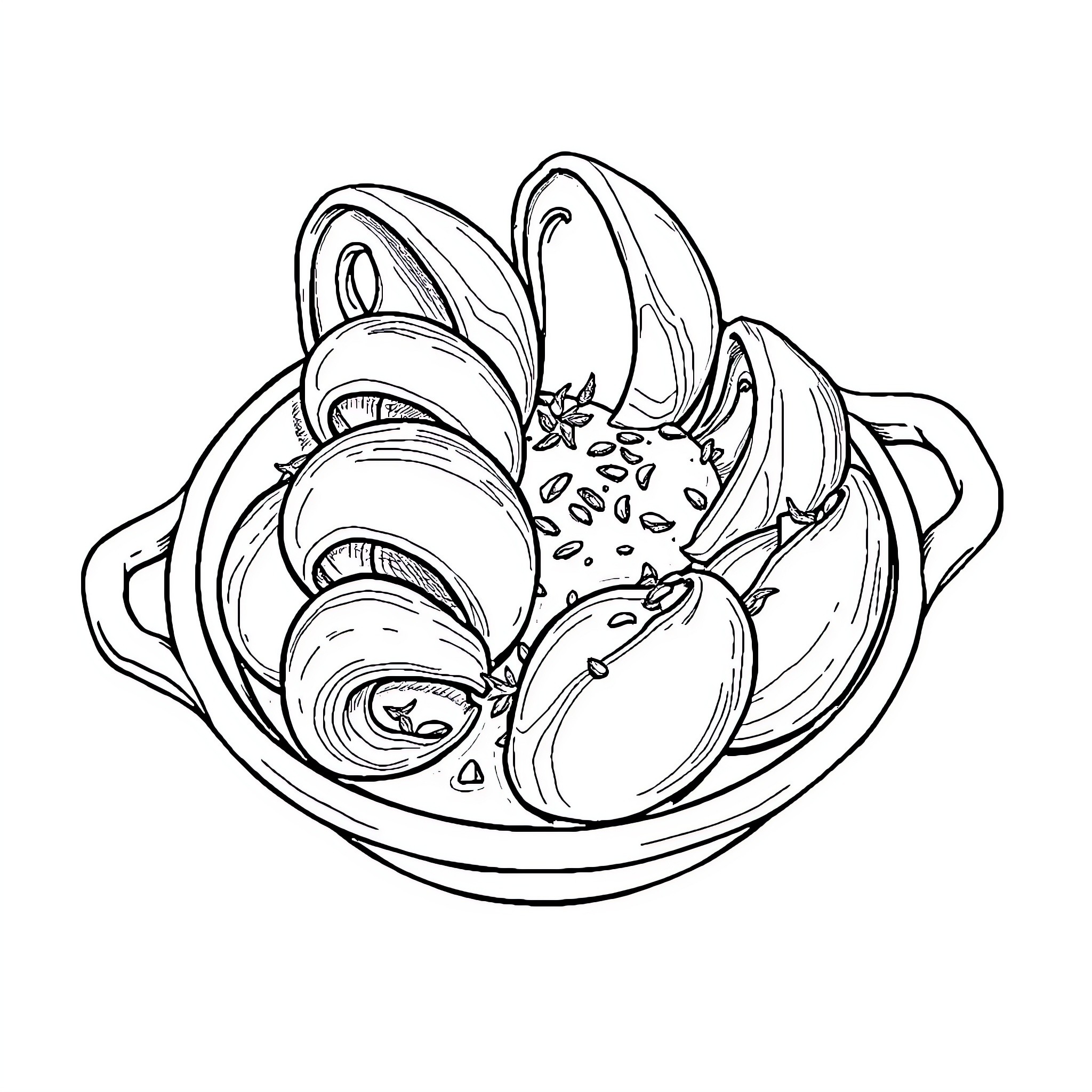 Escargot dish with shells and toppings Coloring Page (free black-and-white line drawing printable PDF for all, from beginners to advanced learners, including children, teens, adults, and seniors)
