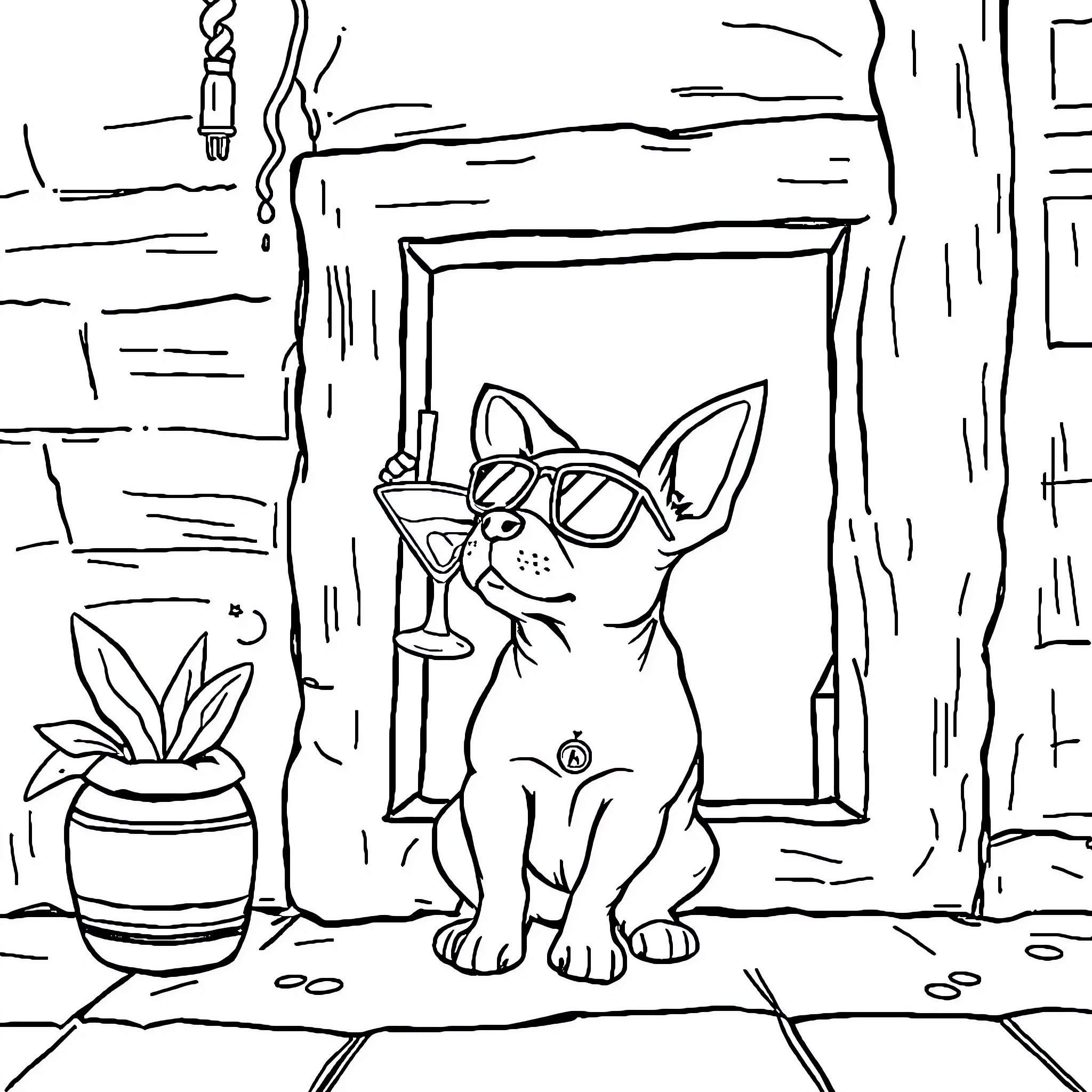 Chien relaxing with a drink on the porch Coloring Page (free black-and-white line drawing printable PDF for all, from beginners to advanced learners, including children, teens, adults, and seniors)
