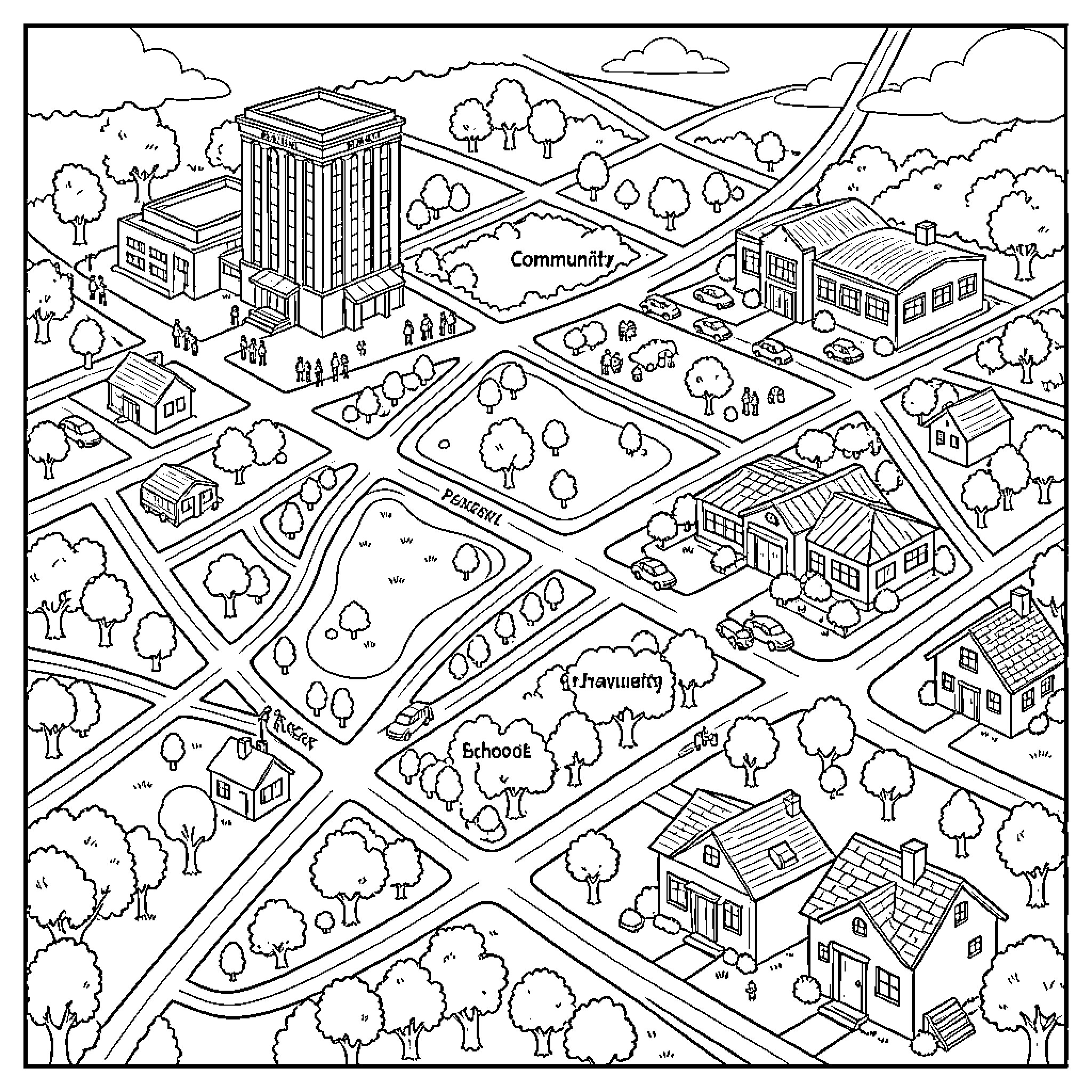 City scene with various buildings and infrastructure Coloring Page (free black-and-white line drawing printable PDF for all, from beginners to advanced learners, including children, teens, adults, and seniors)