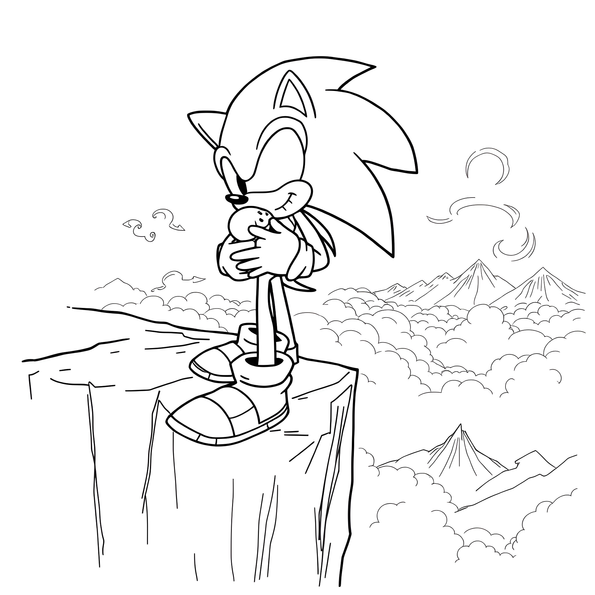 Sonic standing on a cliff overlooking the clouds Coloring Page (free black-and-white line drawing printable PDF for all, from beginners to advanced learners, including children, teens, adults, and seniors)