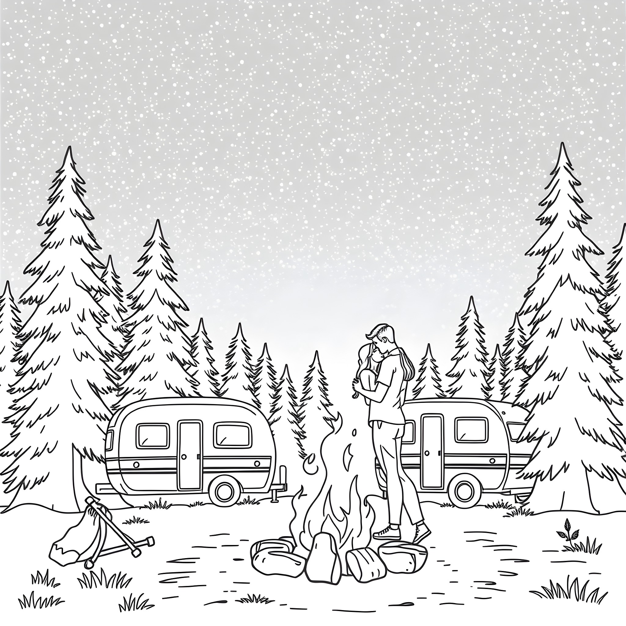 Dude's Camping Adventure in the Snowy Forest Coloring Page (free black-and-white line drawing printable PDF for all, from beginners to advanced learners, including children, teens, adults, and seniors)