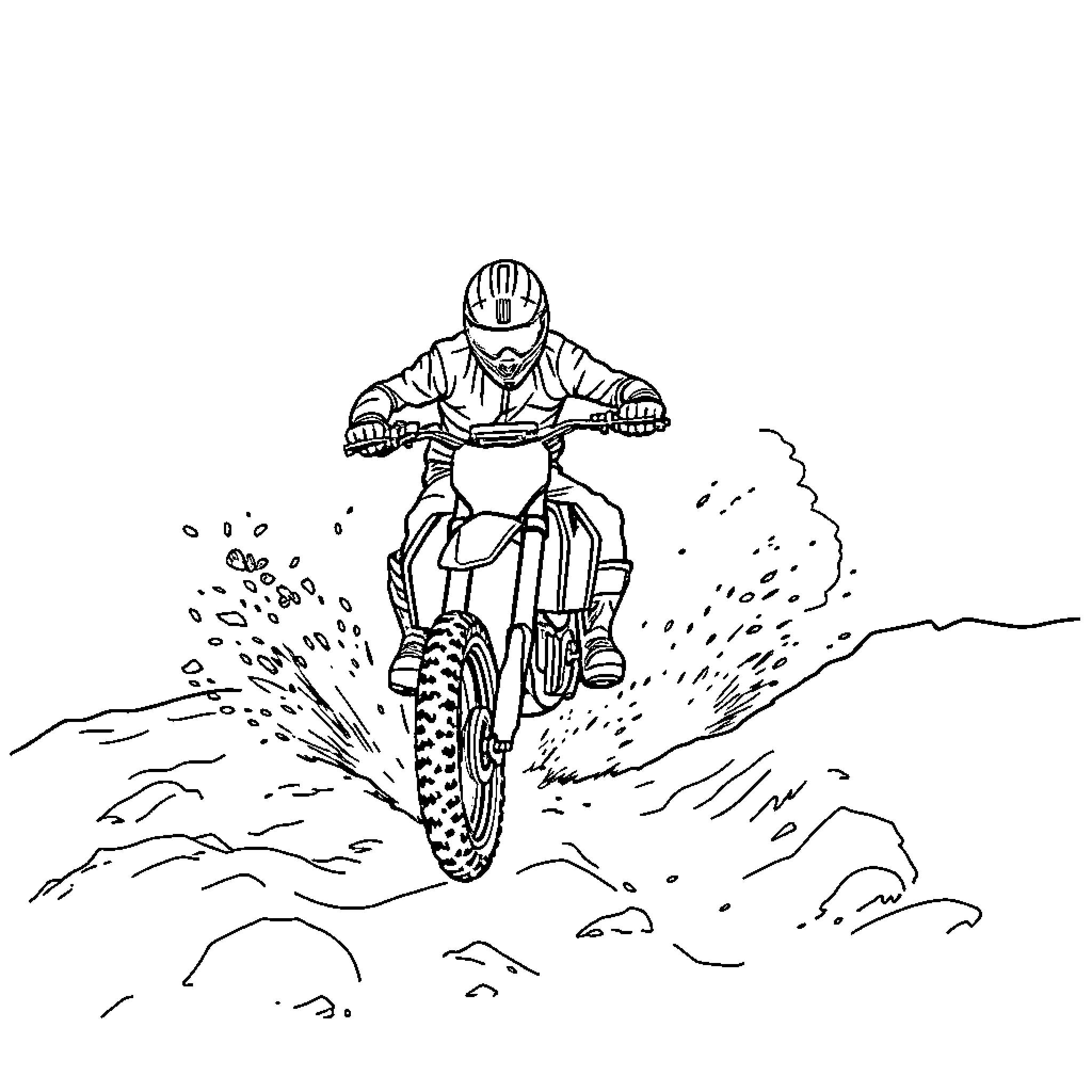 Dirtbike rider speeding through the dirt track Coloring Page (free black-and-white line drawing printable PDF for all, from beginners to advanced learners, including children, teens, adults, and seniors)
