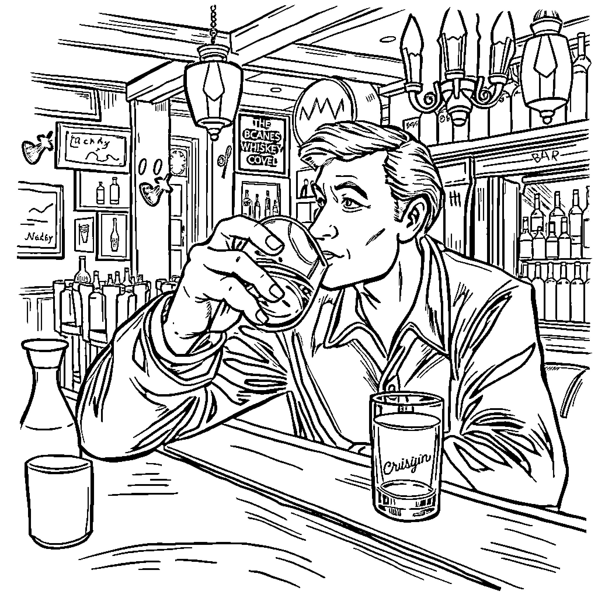 Whiskey Enjoyed in a Lively Bar Coloring Page (free black-and-white line drawing printable PDF for all, from beginners to advanced learners, including children, teens, adults, and seniors)