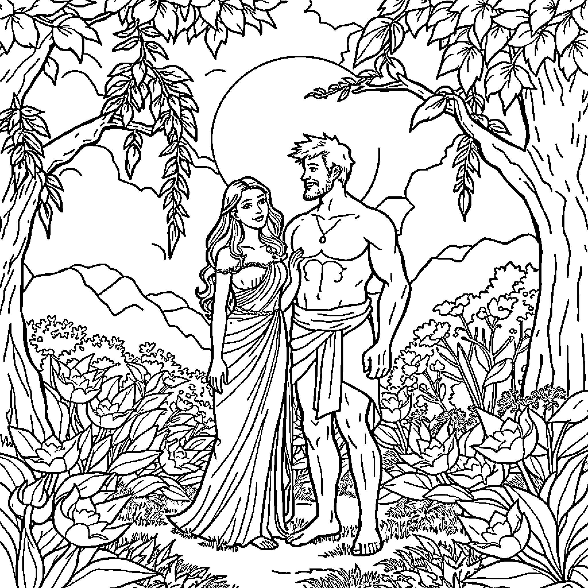 EVE Couple embracing in lush garden Coloring Page (free black-and-white line drawing printable PDF for all, from beginners to advanced learners, including children, teens, adults, and seniors)