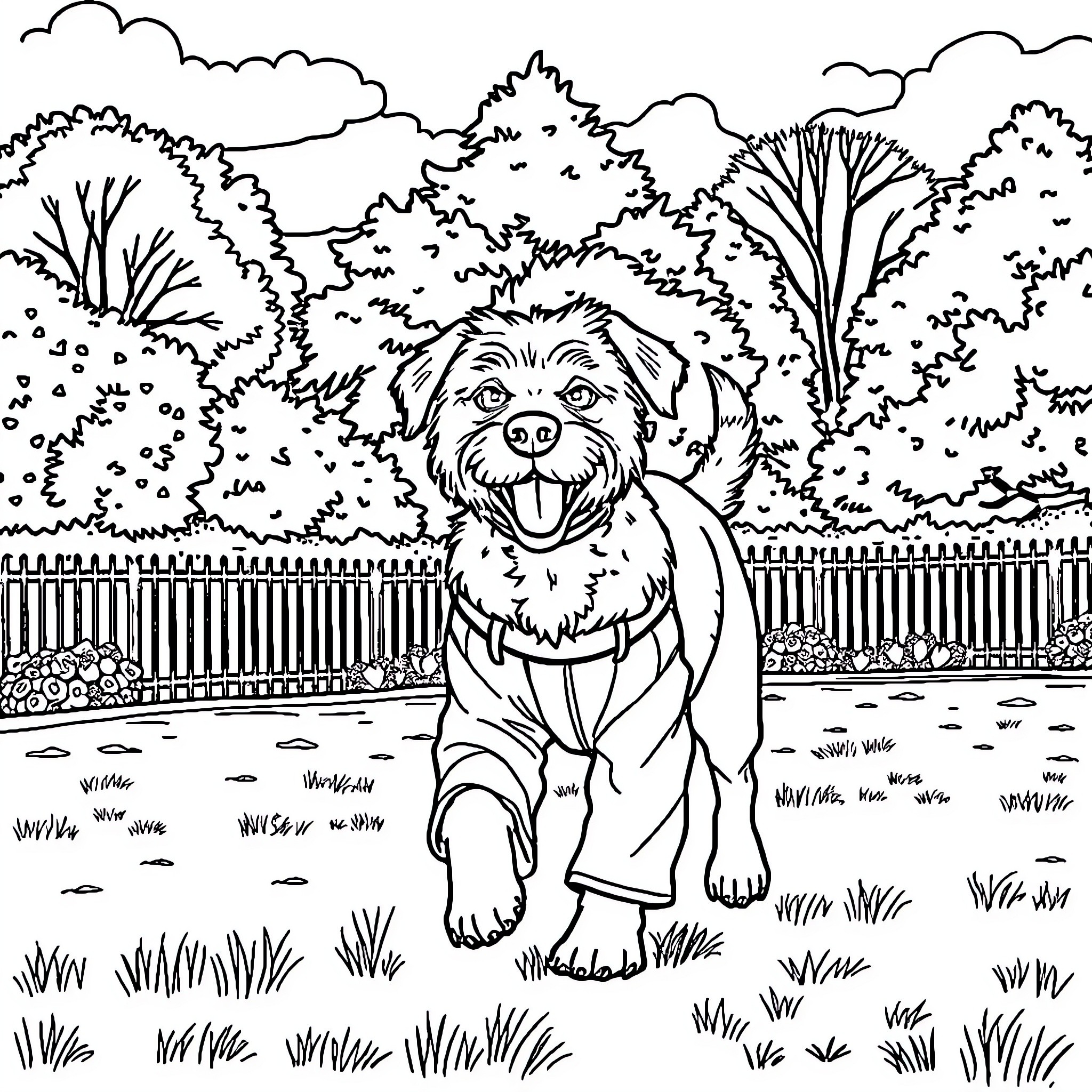Dog happily running in the park Coloring Page (free black-and-white line drawing printable PDF for all, from beginners to advanced learners, including children, teens, adults, and seniors)