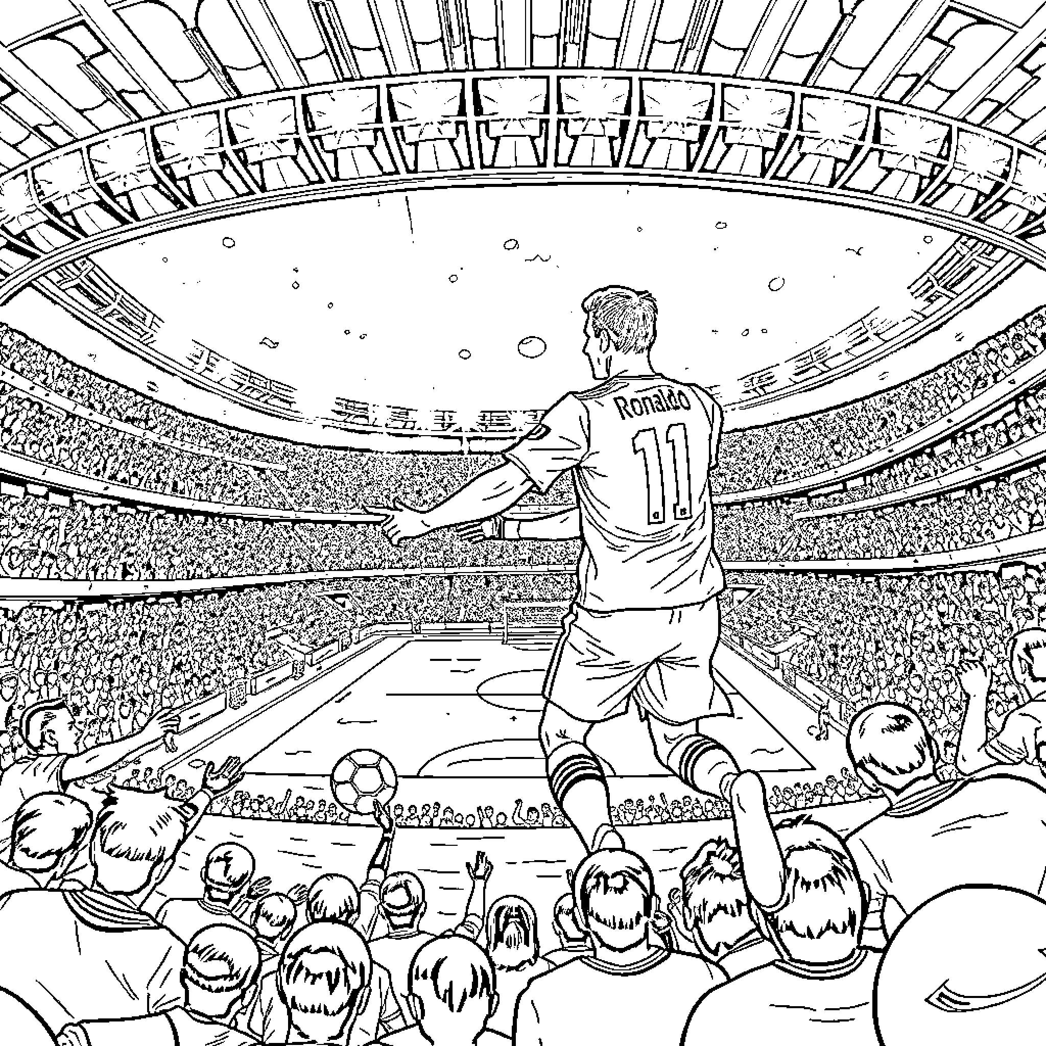 Ronaldo celebrating in a crowded football stadium Coloring Page (free black-and-white line drawing printable PDF for all, from beginners to advanced learners, including children, teens, adults, and seniors)