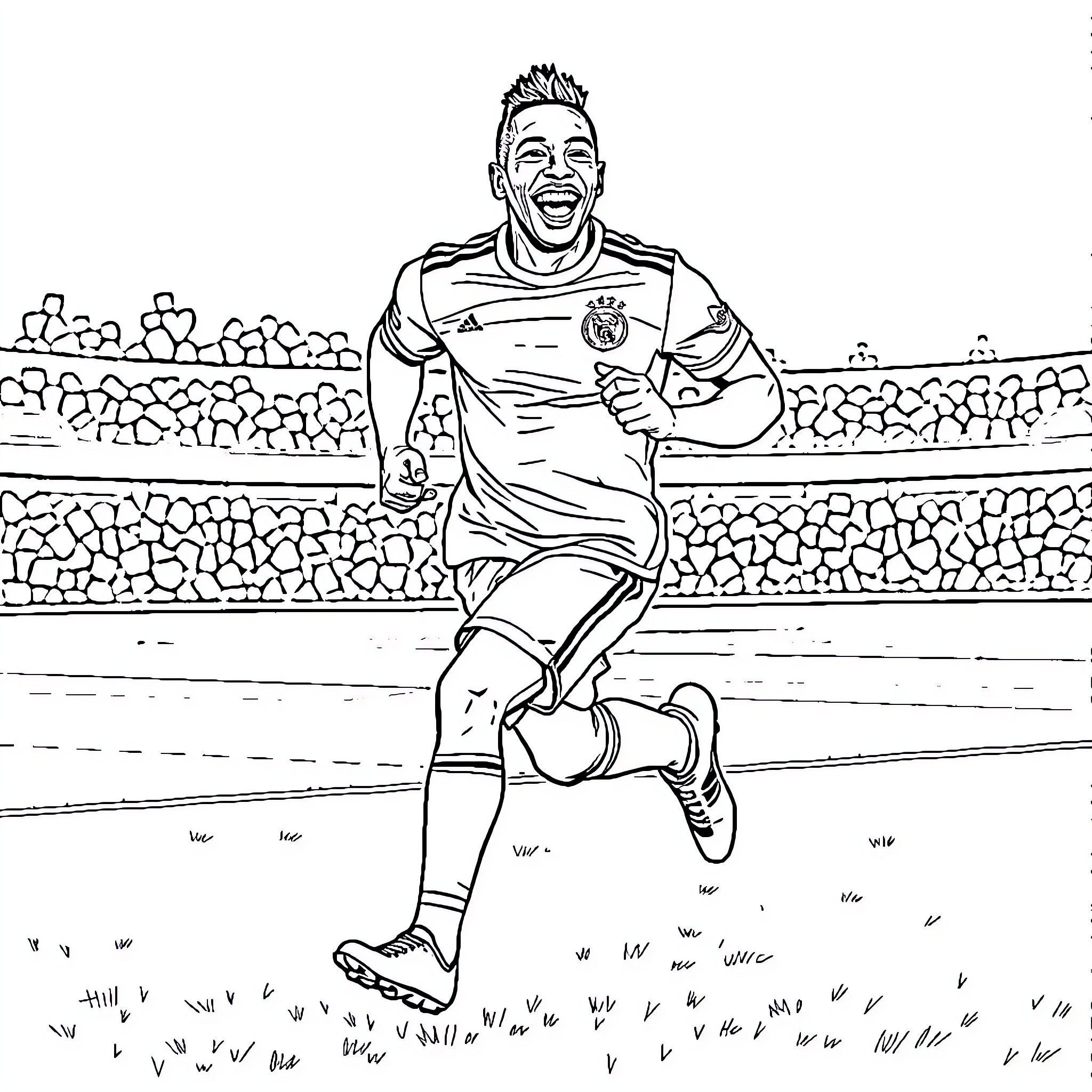 Mbappe celebrating goal on the pitch Coloring Page (free black-and-white line drawing printable PDF for all, from beginners to advanced learners, including children, teens, adults, and seniors)
