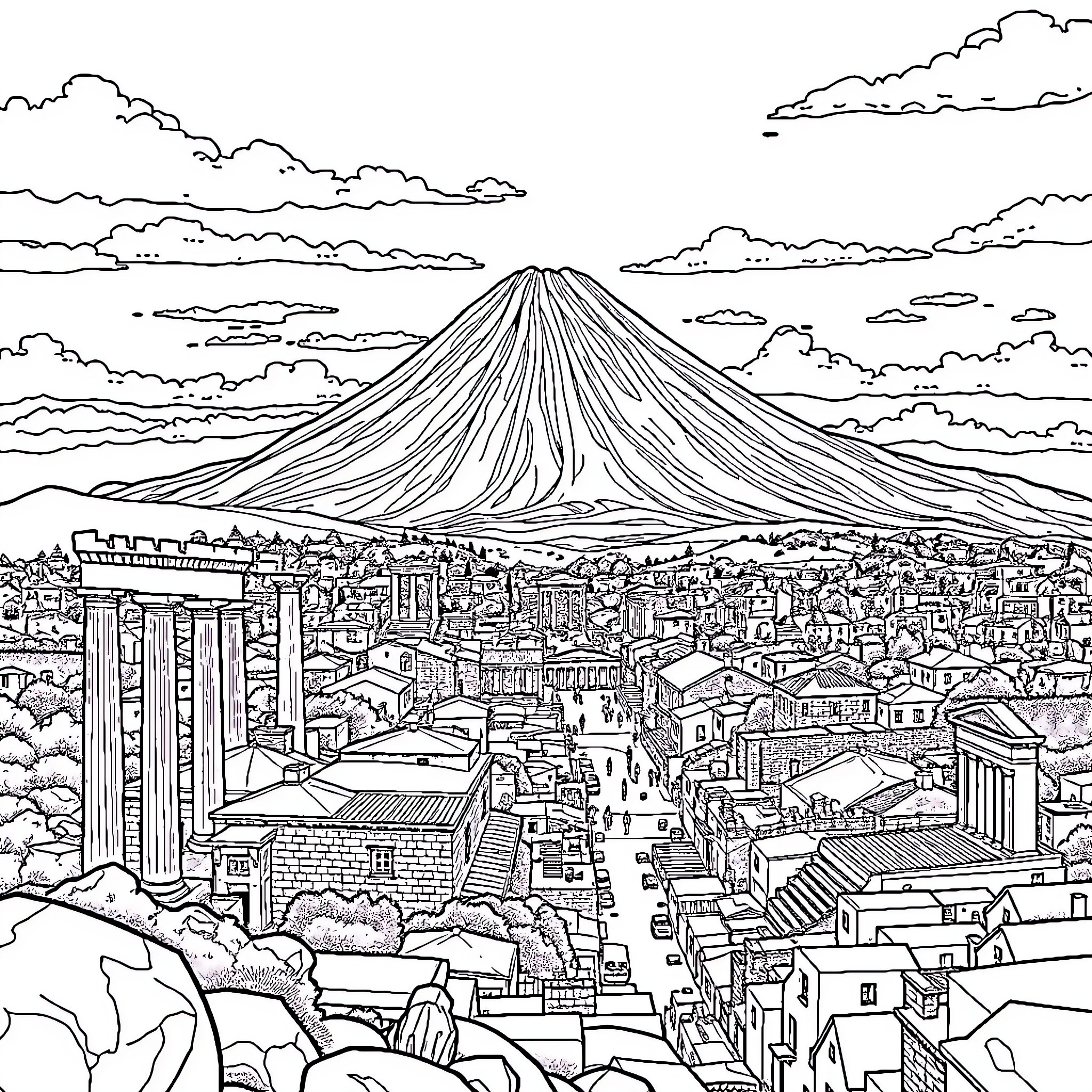 Pompeii: Ancient City Landscape with Iconic Mount Vesuvius Coloring Page (free black-and-white line drawing printable PDF for all, from beginners to advanced learners, including children, teens, adults, and seniors)