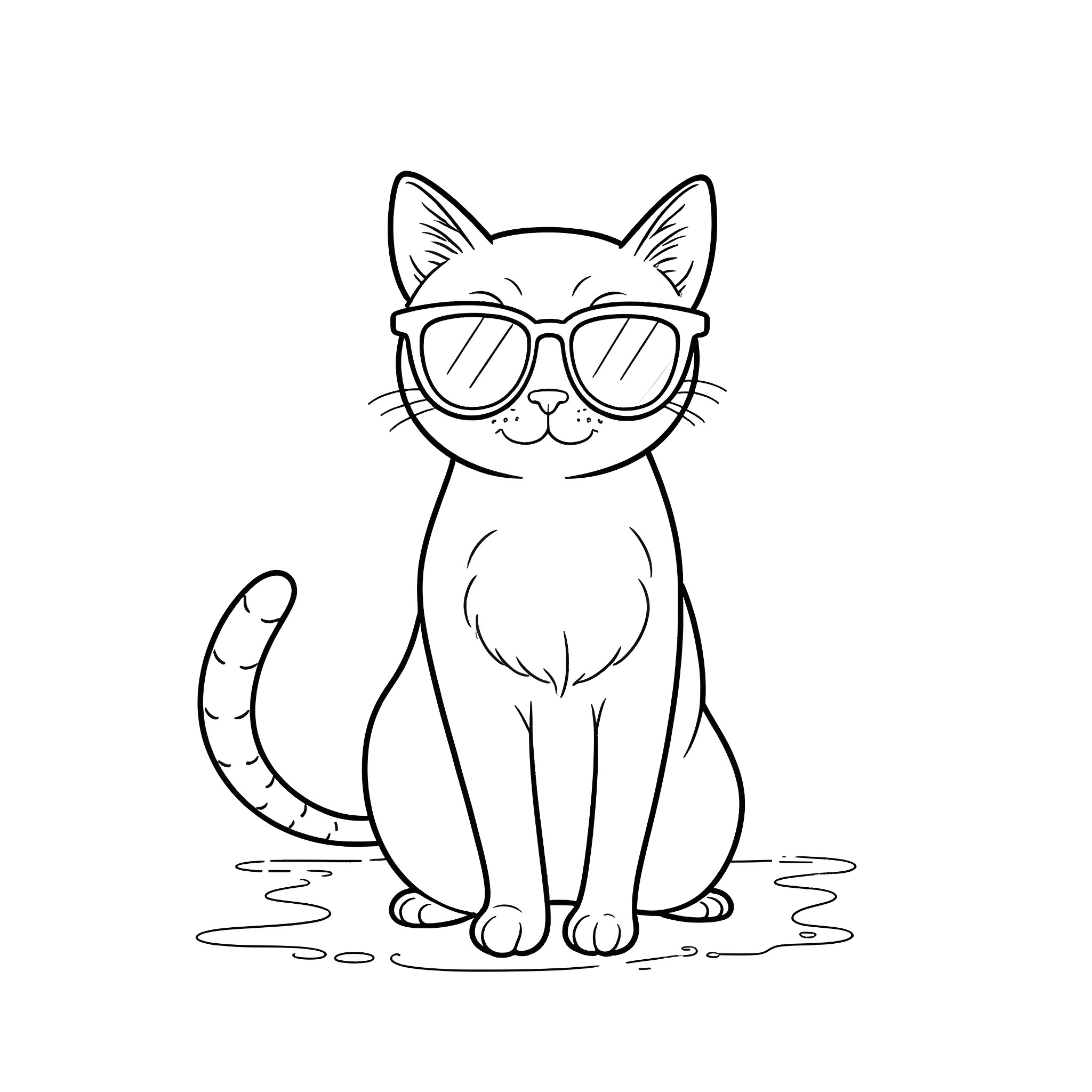 Cat wearing sunglasses in water Coloring Page (free black-and-white line drawing printable PDF for all, from beginners to advanced learners, including children, teens, adults, and seniors)