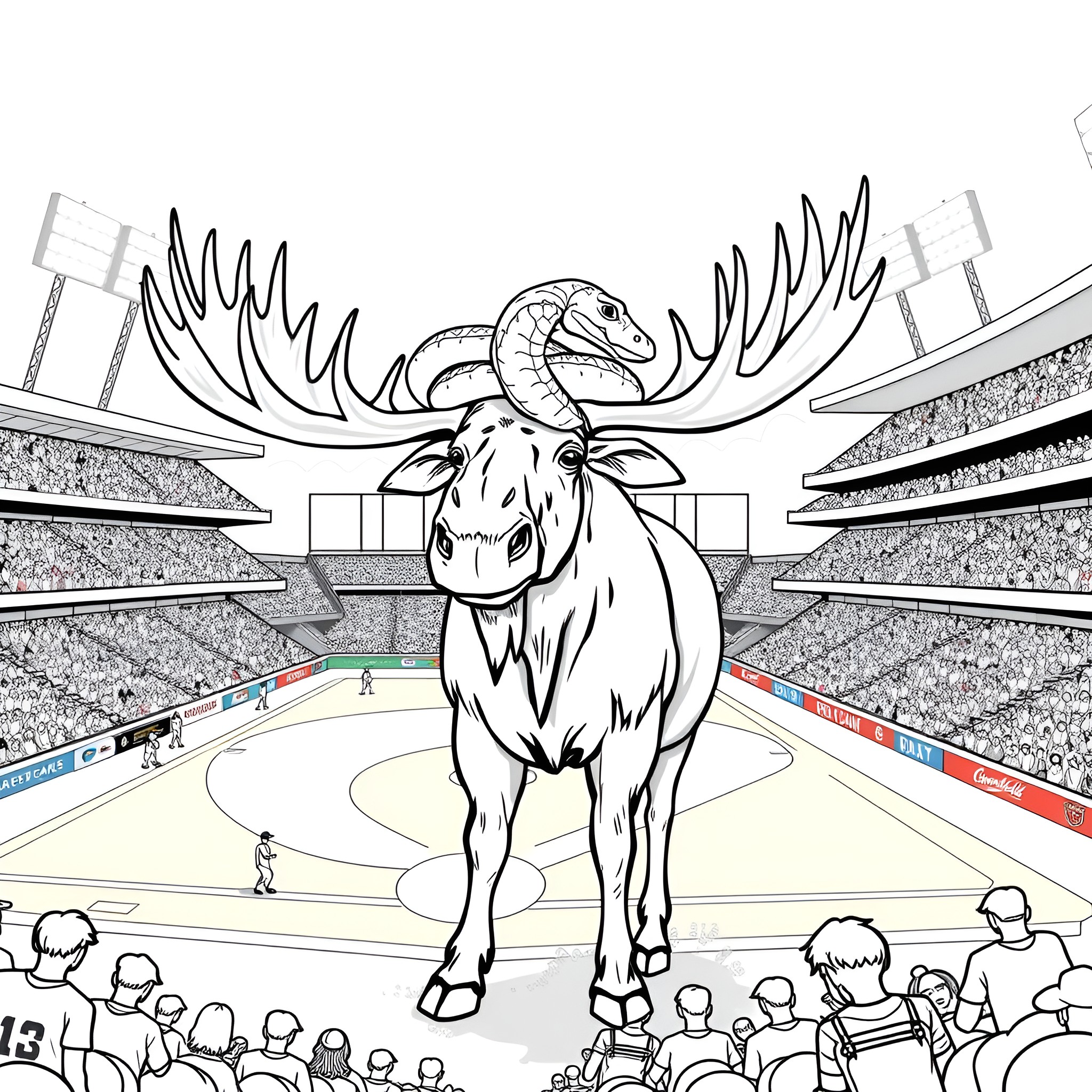 Moose standing tall in a grand stadium Coloring Page (free black-and-white line drawing printable PDF for all, from beginners to advanced learners, including children, teens, adults, and seniors)
