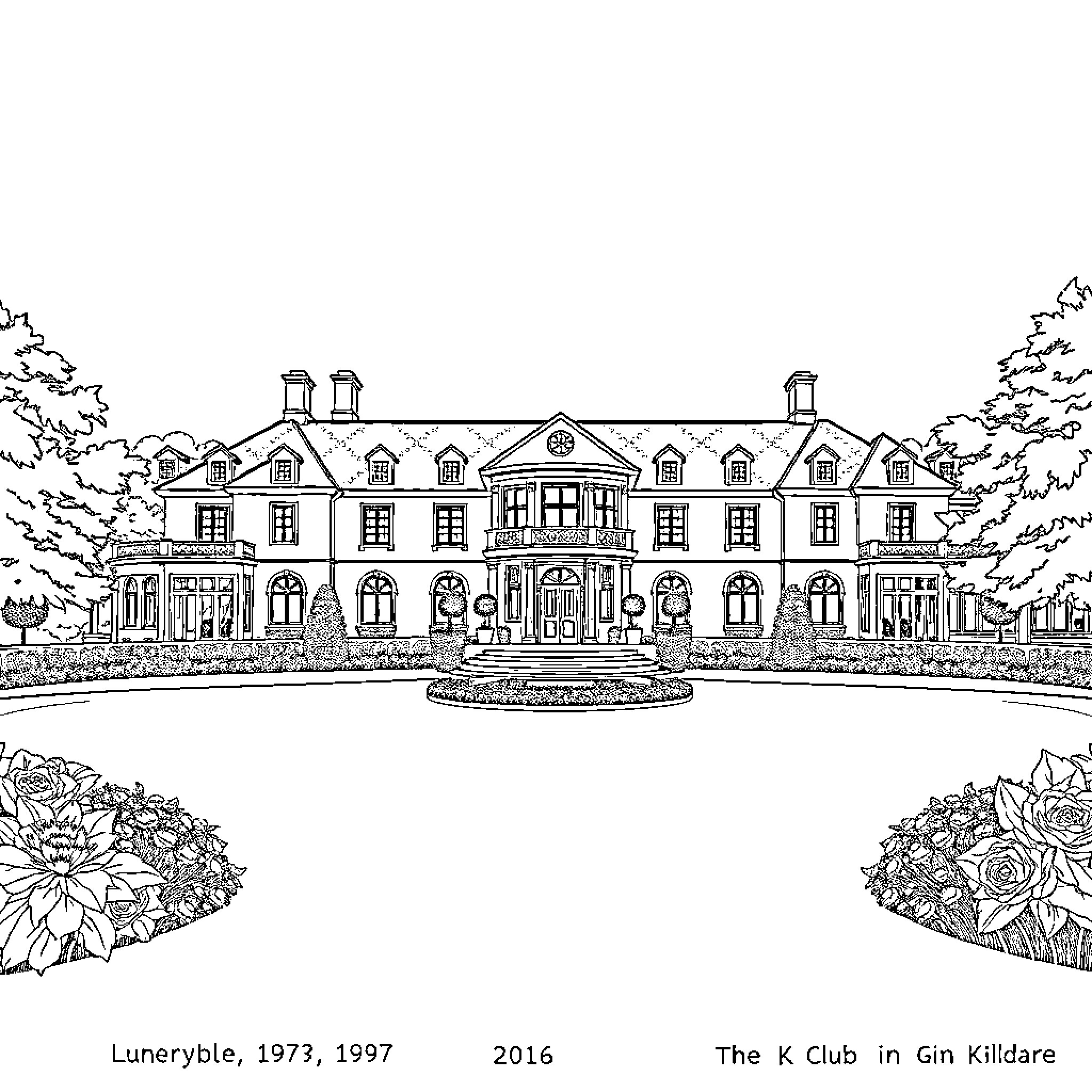 K Club: Detailed Architectural Sketch of Manor House Coloring Page (free black-and-white line drawing printable PDF for all, from beginners to advanced learners, including children, teens, adults, and seniors)