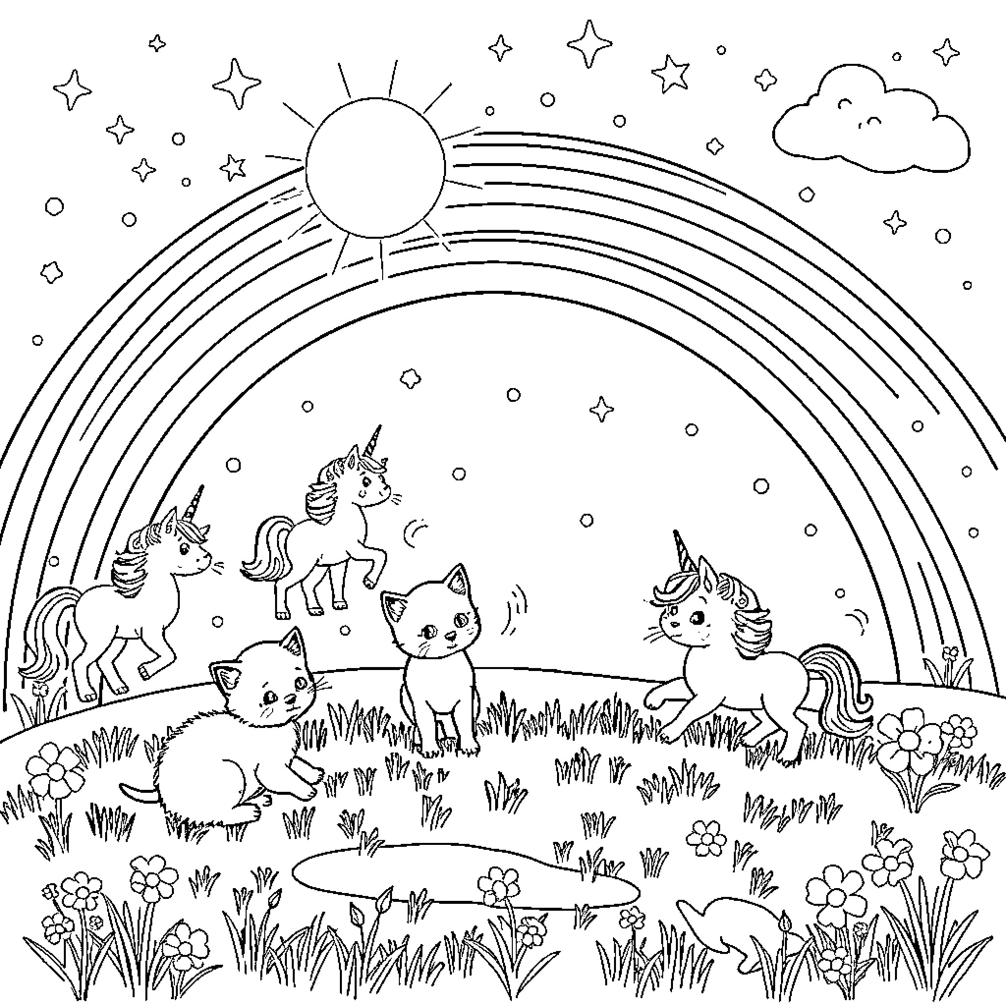 Kittens and Unicorns Playing Under a Rainbow Coloring Page (free black-and-white line drawing printable PDF for all, from beginners to advanced learners, including children, teens, adults, and seniors)