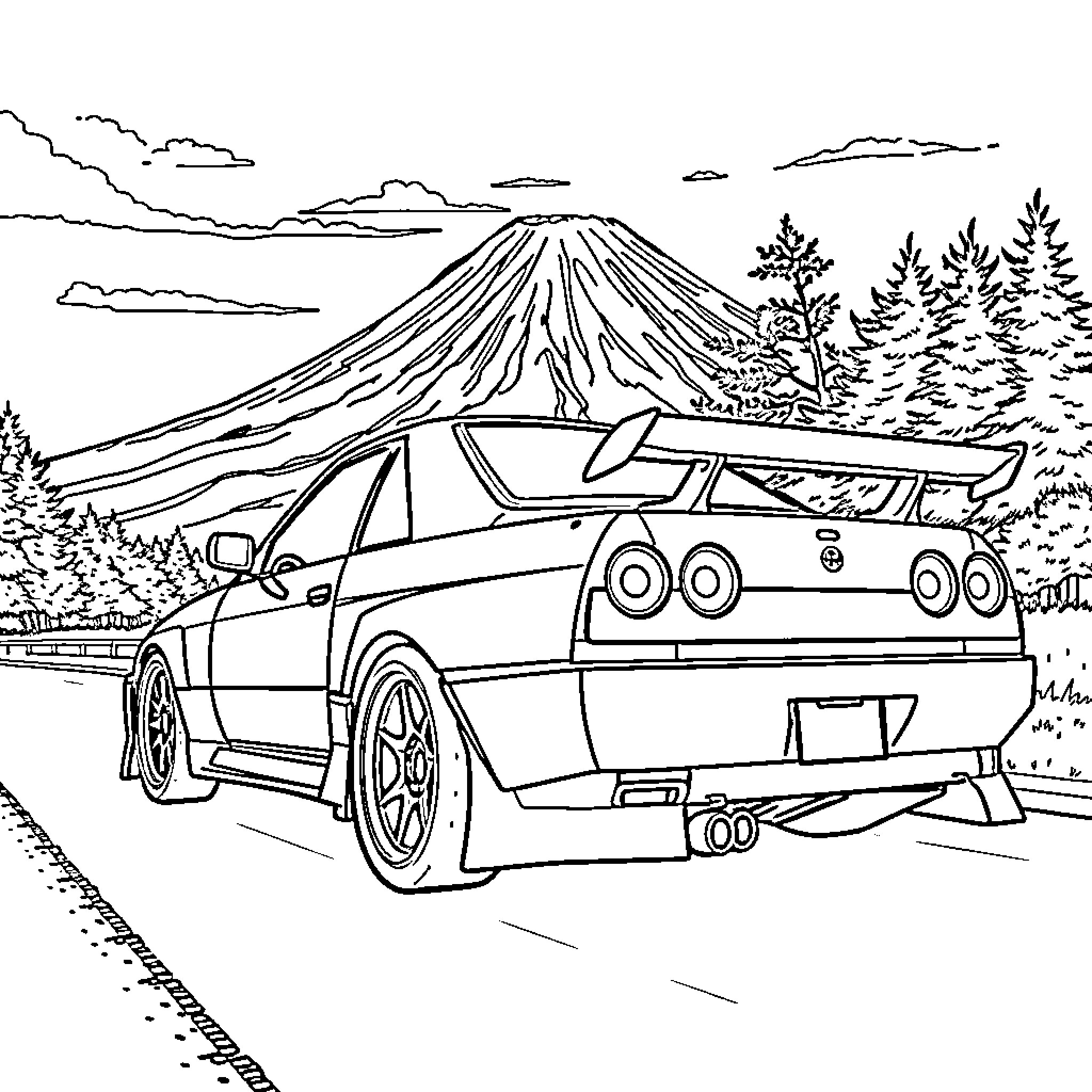 Nissan Skyline speeding through scenic mountain landscape Coloring Page (free black-and-white line drawing printable PDF for all, from beginners to advanced learners, including children, teens, adults, and seniors)