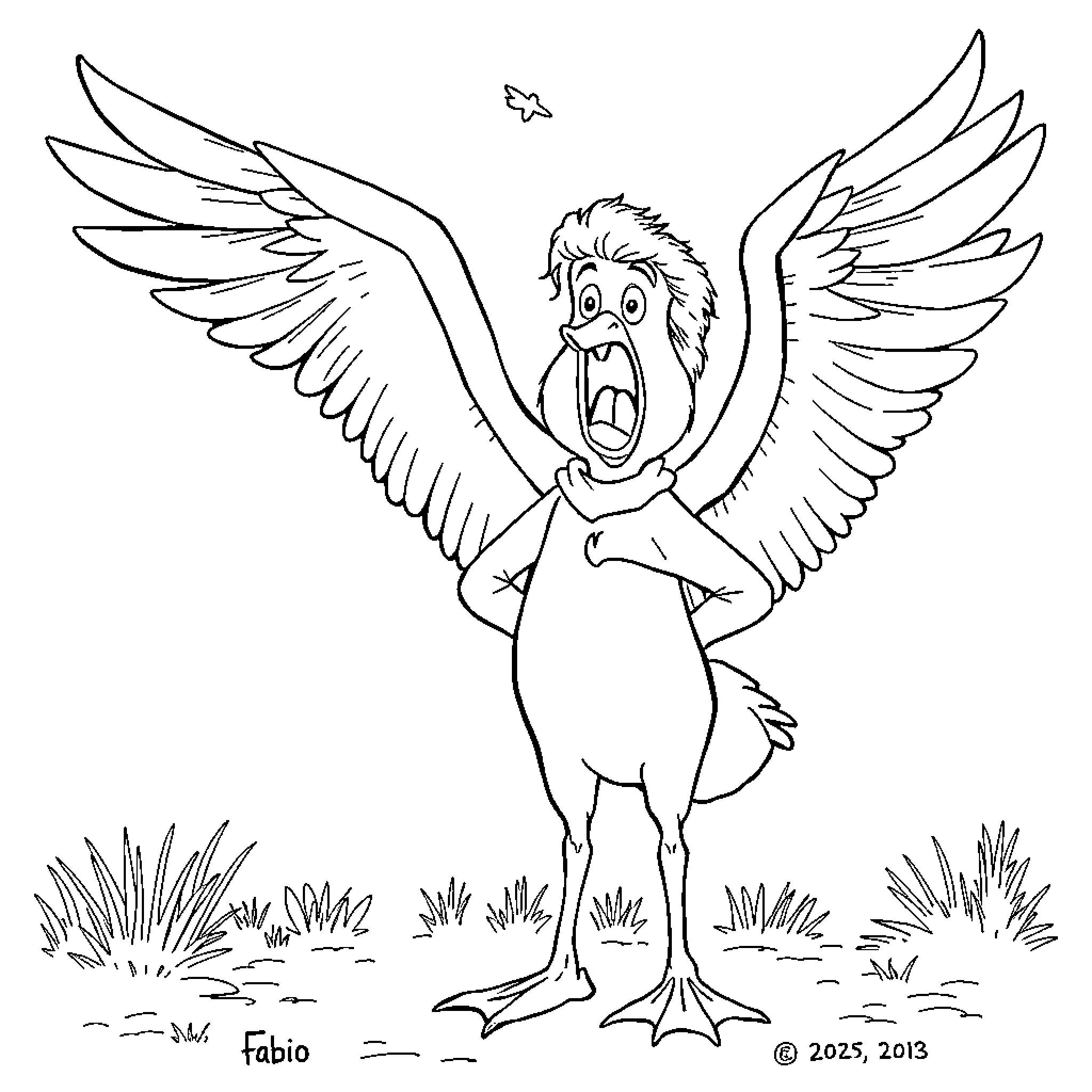 Fabio the Frightened Winged Creature Coloring Page (free black-and-white line drawing printable PDF for all, from beginners to advanced learners, including children, teens, adults, and seniors)