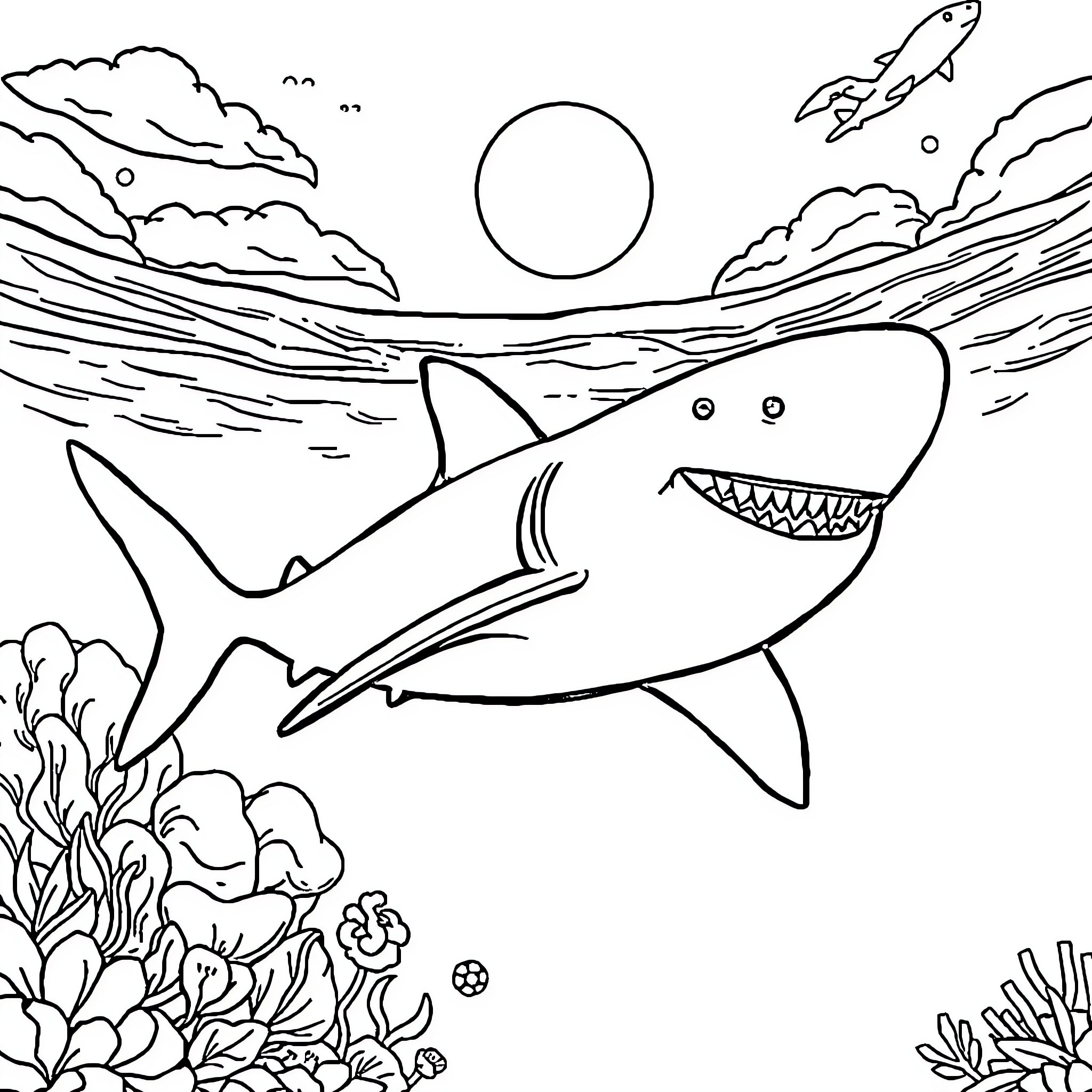 Shark swimming in the ocean Coloring Page (free black-and-white line drawing printable PDF for all, from beginners to advanced learners, including children, teens, adults, and seniors)