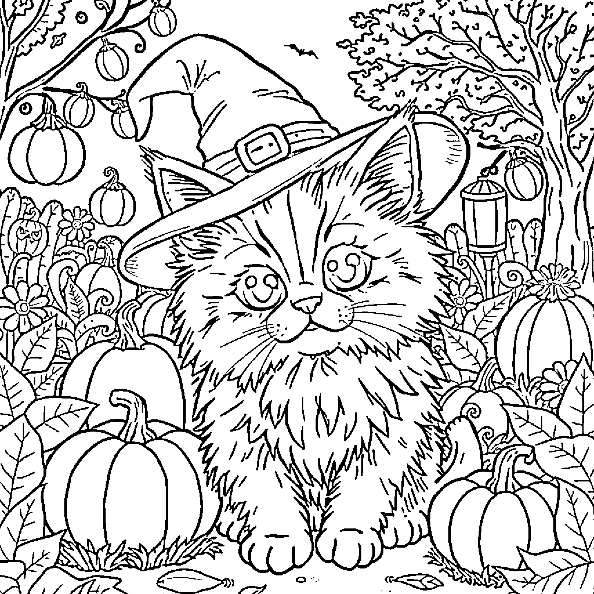 Cat in Autumn Forest with Pumpkins Coloring Page (free black-and-white line drawing printable PDF for all, from beginners to advanced learners, including children, teens, adults, and seniors)