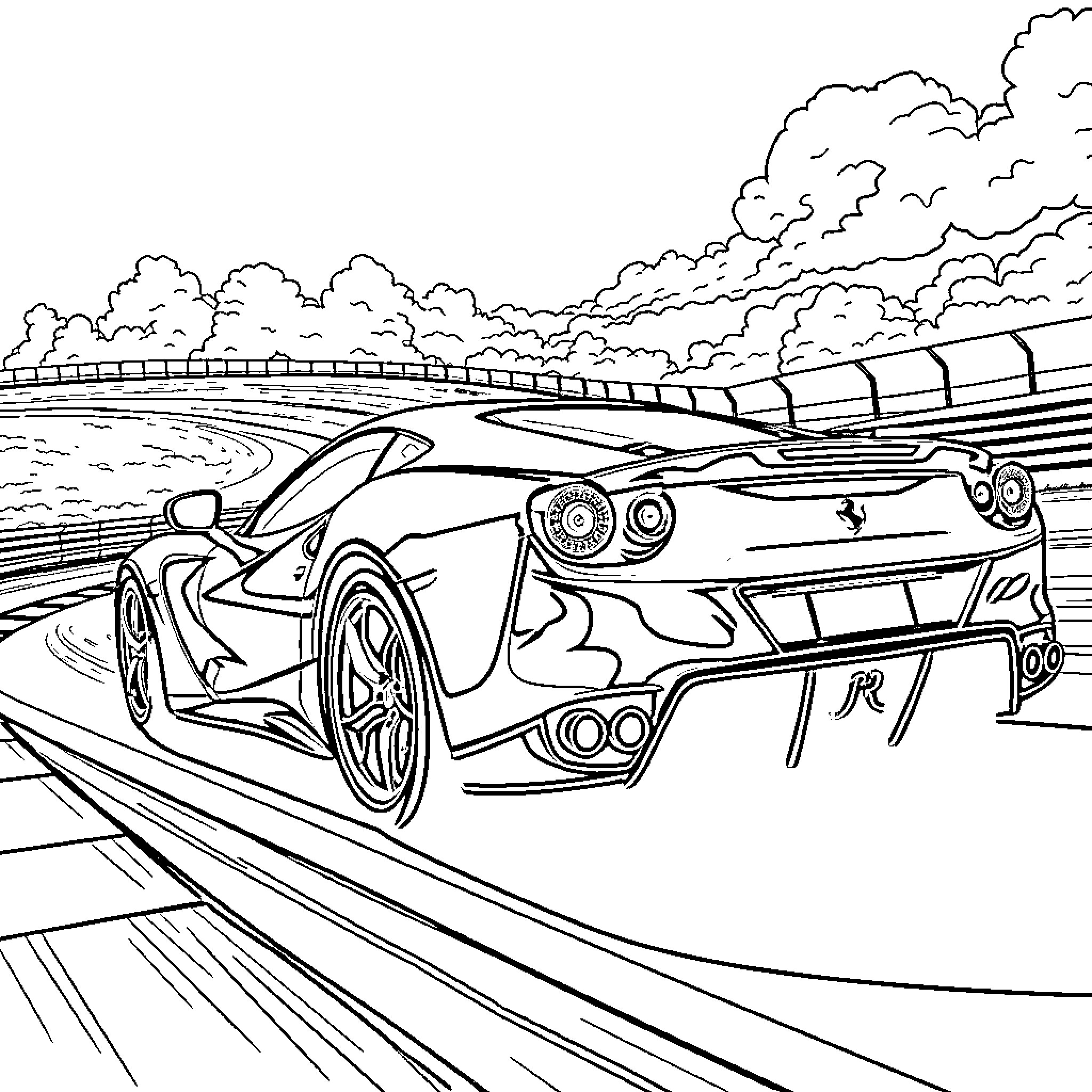 Ferrari sports car racing on scenic highway Coloring Page (free black-and-white line drawing printable PDF for all, from beginners to advanced learners, including children, teens, adults, and seniors)